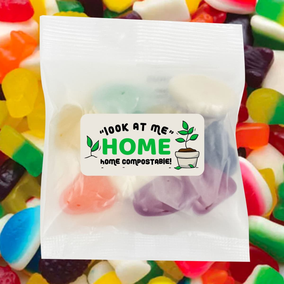 A sealed packet of ECO Aussie Jelly Mix featuring assorted colourful jelly lollies, with a compostable logo.