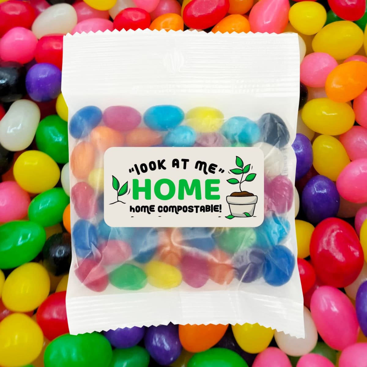 A packet of mixed jelly beans featuring bright colours, surrounded by an assortment of jelly beans in various hues.