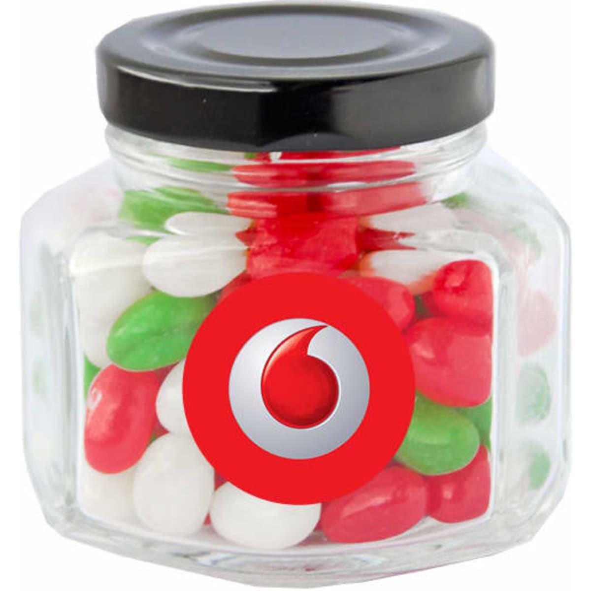 A clear glass jar with a black screw top filled with red, green, and white jelly beans. It has a logo on the front.