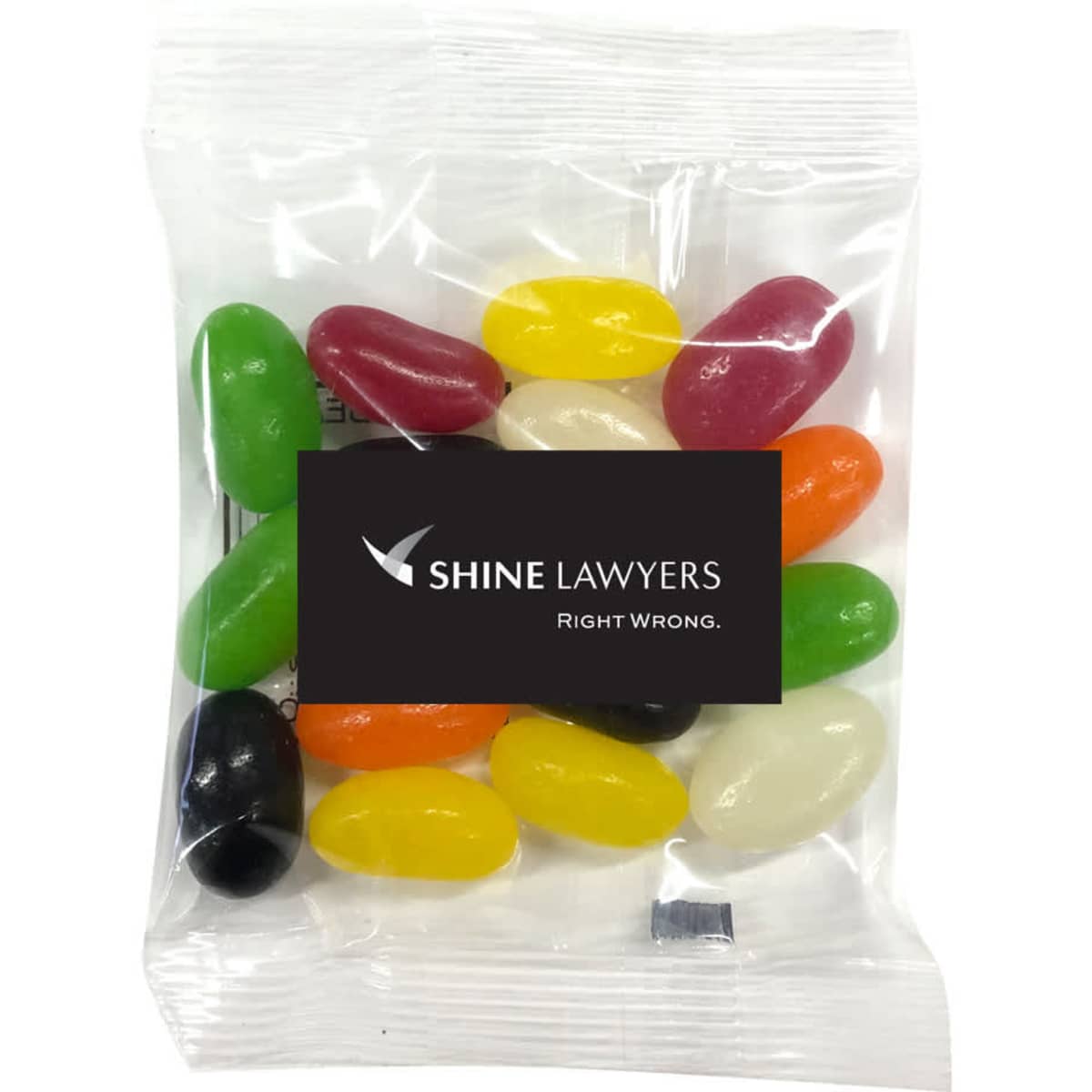 A clear bag contains colourful jelly beans in various shades, featuring a logo on the front.