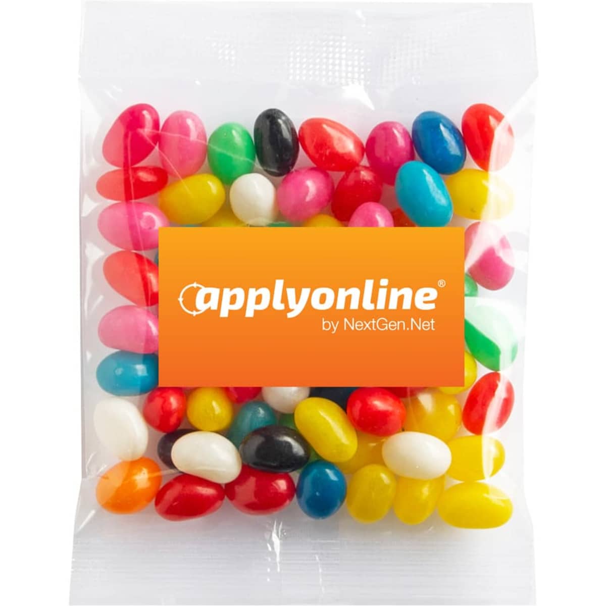 A clear pack of jelly beans in various colours including red, yellow, green, pink, and black, featuring a logo.