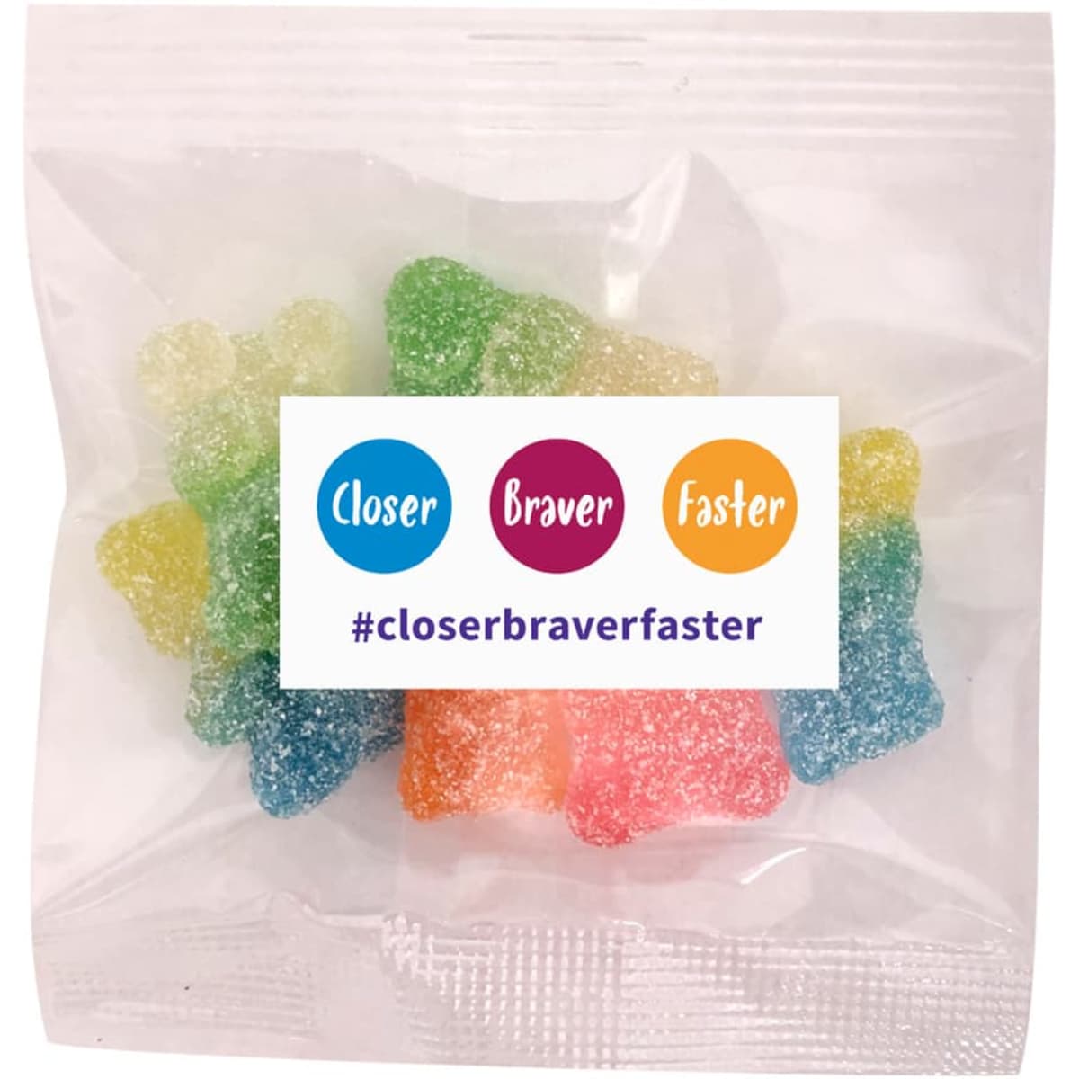 A clear packet of Sour Gummy Bears in various colours, with a logo on the packaging.
