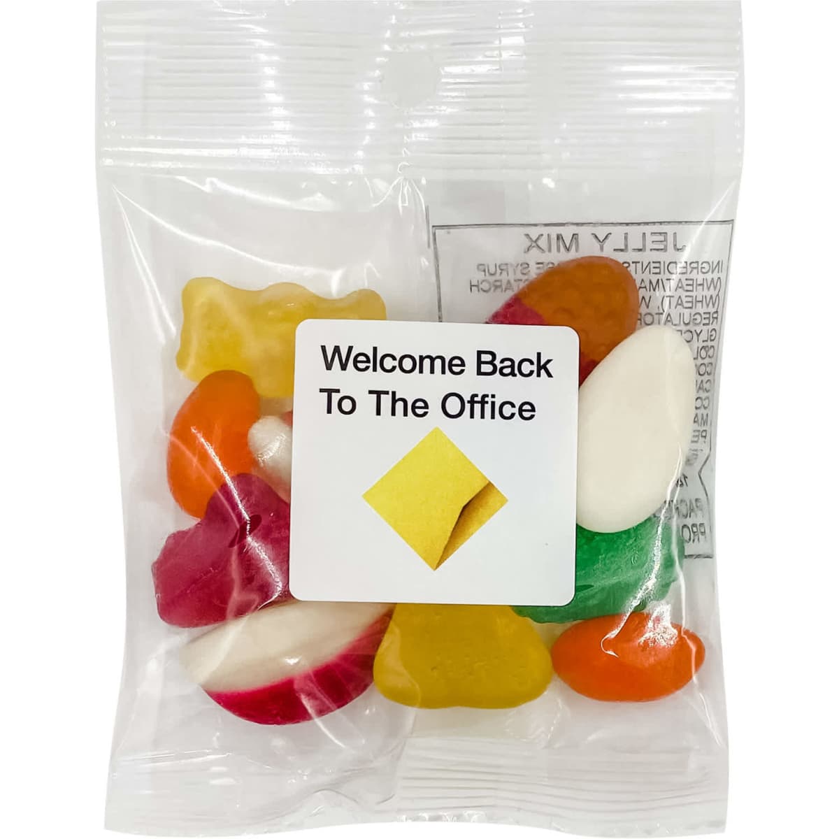 A clear packet of assorted jelly beans in various colours, featuring a mix of shapes and a branding logo.