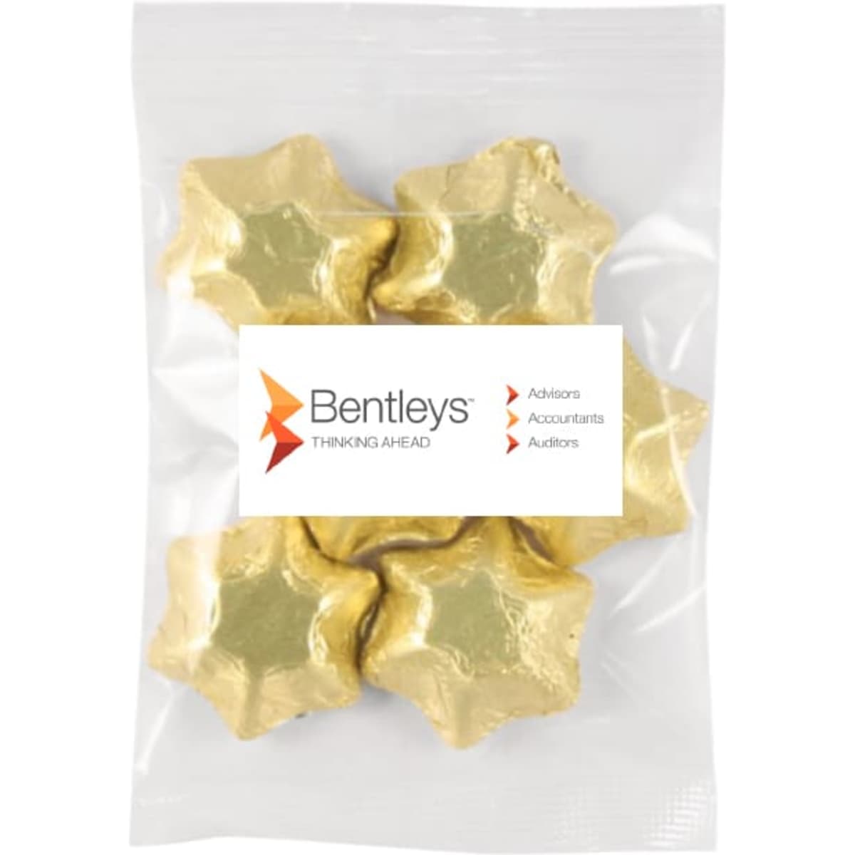 A plastic pouch contains five gold foil-covered star-shaped chocolates, with a logo on the front.