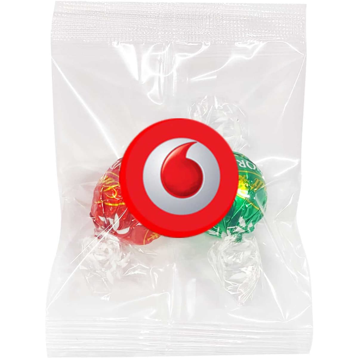 Two Lindt chocolate balls in red and green packaging, sealed in a clear plastic bag with a logo.
