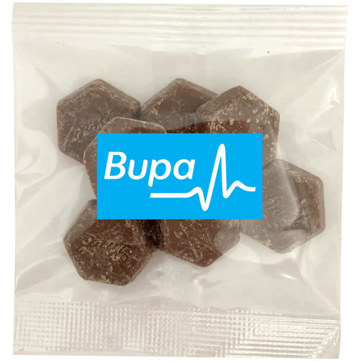 A package containing hexagonal pieces of chocolate, featuring a logo on the front. The chocolate has a dark brown hue.