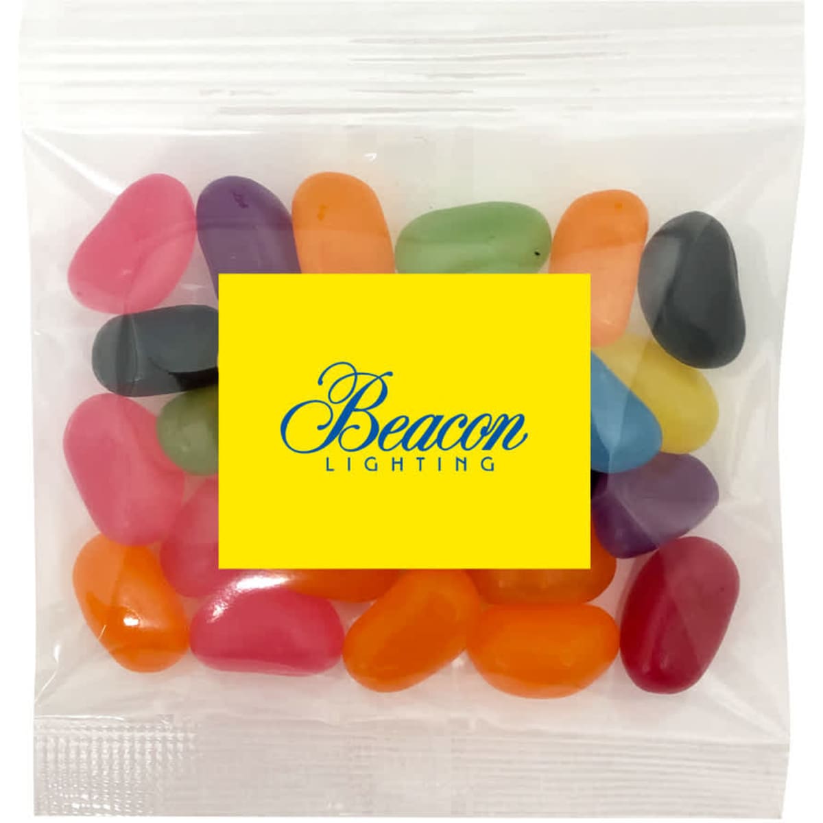 A pack of assorted jelly beans in various colours, sealed in a clear plastic bag with a logo.