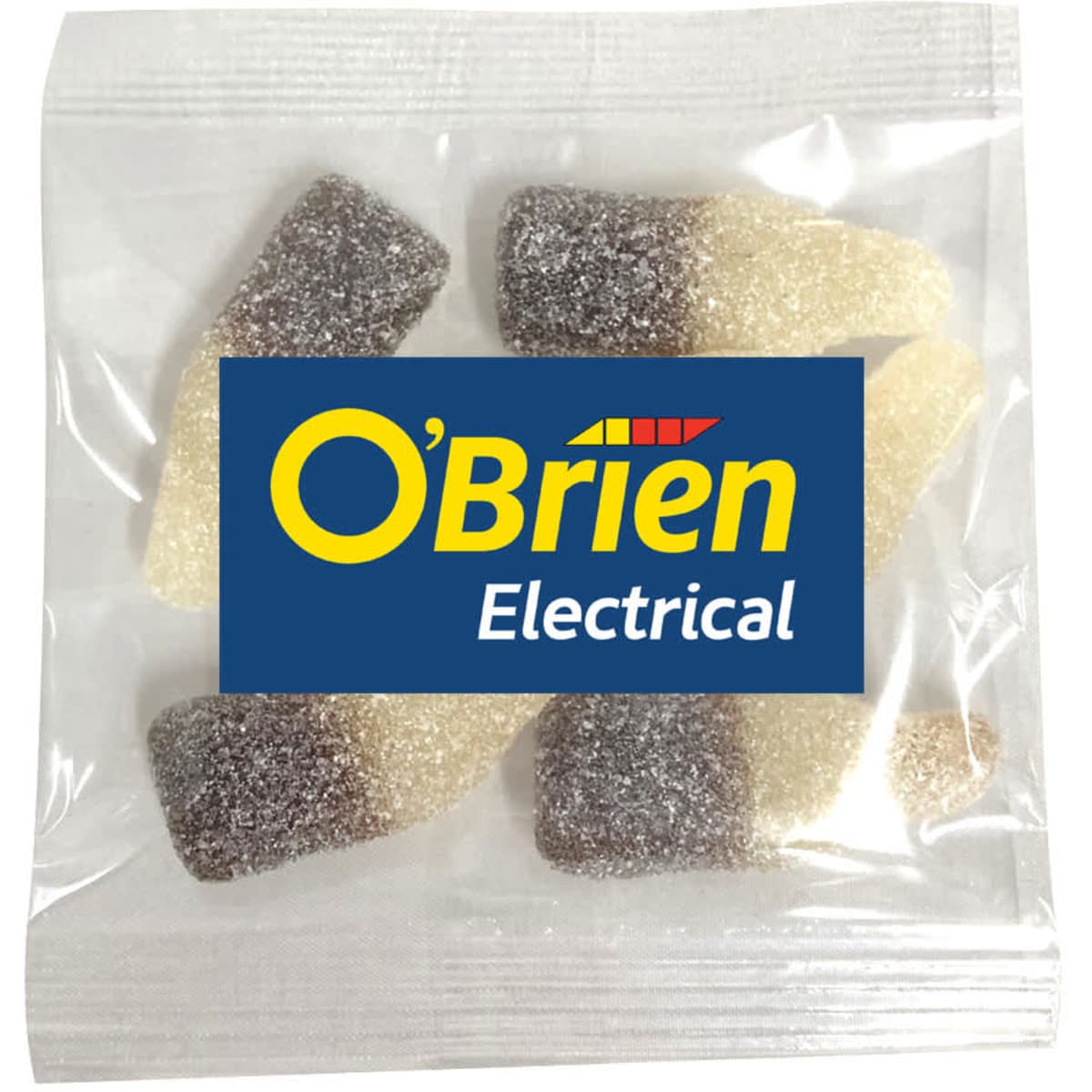 Sour cola bottle lollies in a clear packet, featuring a mix of brown and cream colours. Includes a logo.