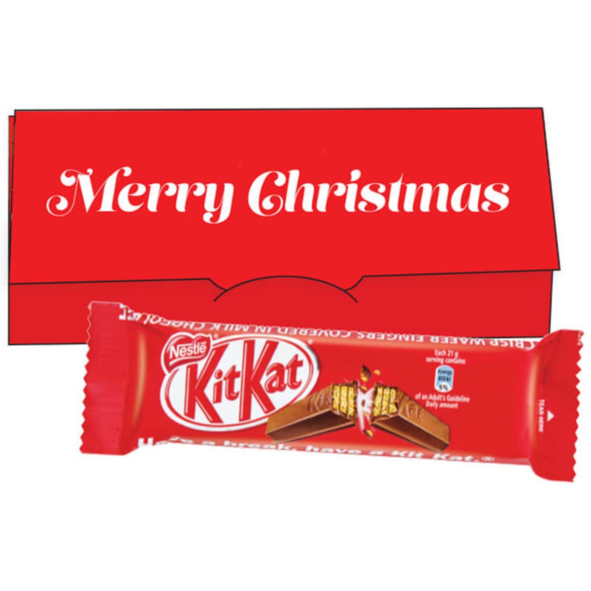 A red Christmas-themed packaging featuring a two-finger Kit Kat bar with a branded logo.