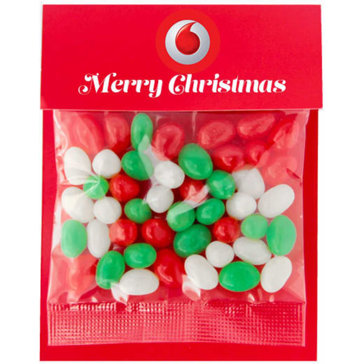 A red, green, and white jelly bean assortment in a clear bag, featuring a logo and a festive design.