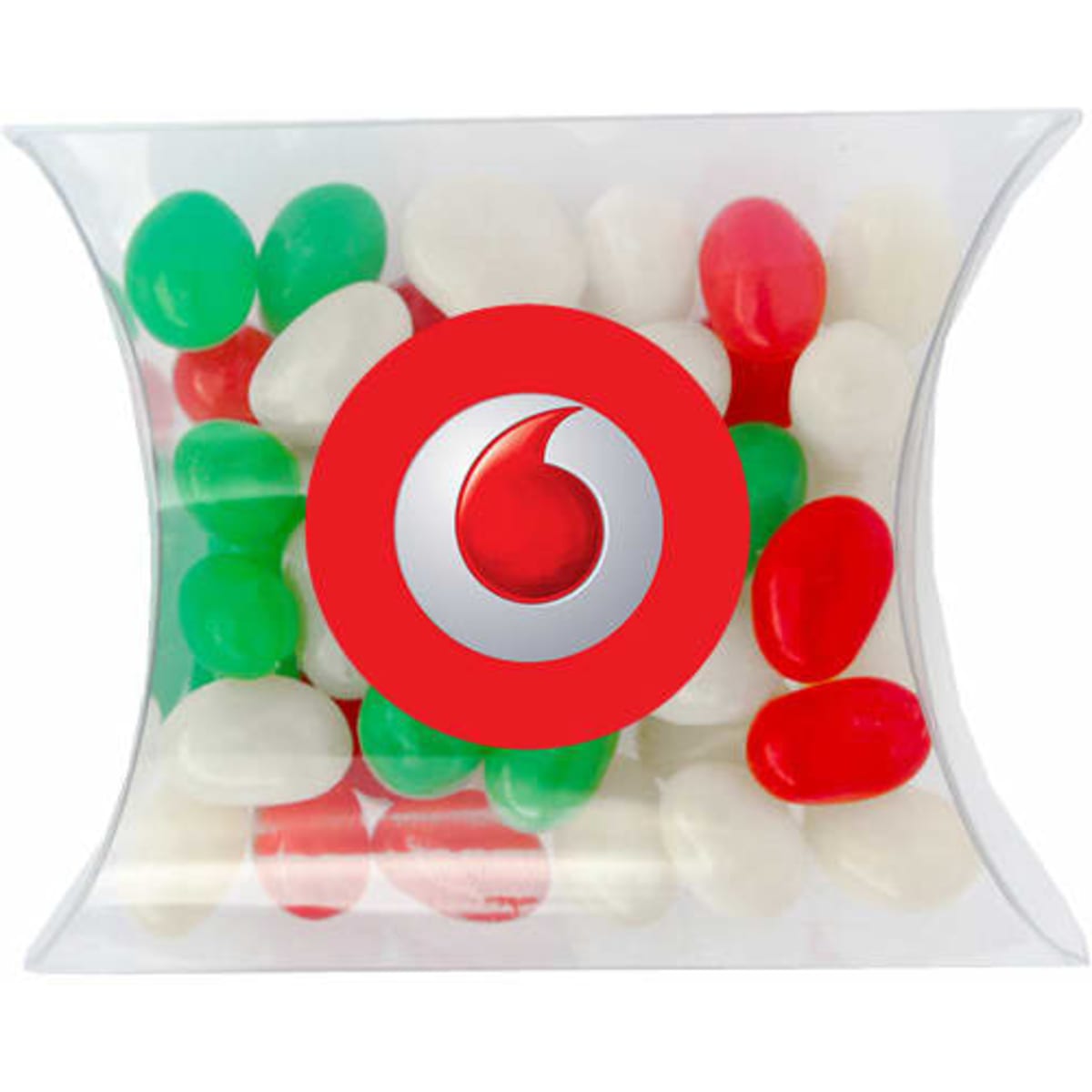 A transparent pillow pack contains red, green, and white mini jelly beans, featuring a logo on the front.