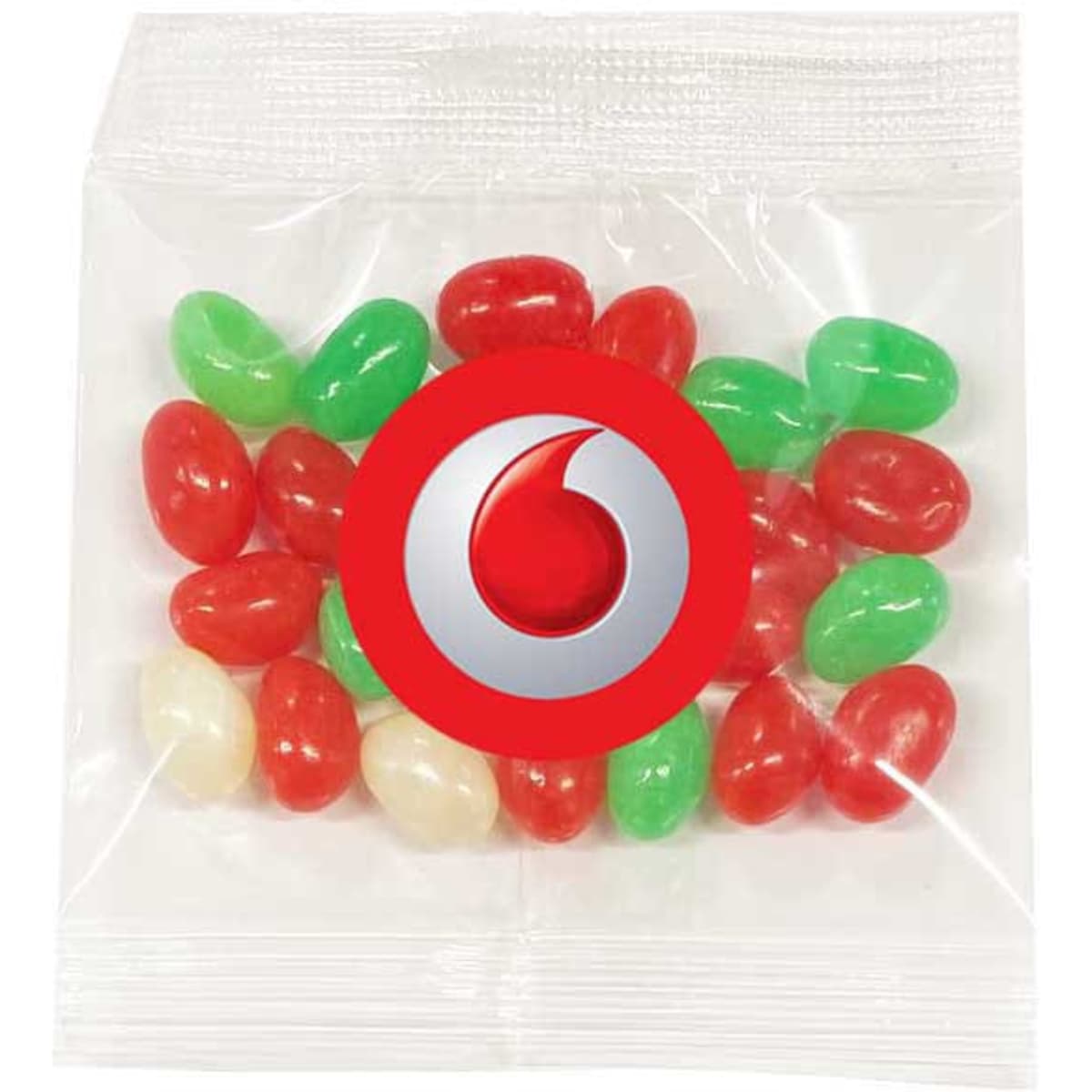 A clear bag containing red, green, and white jelly beans, featuring a logo on the front.