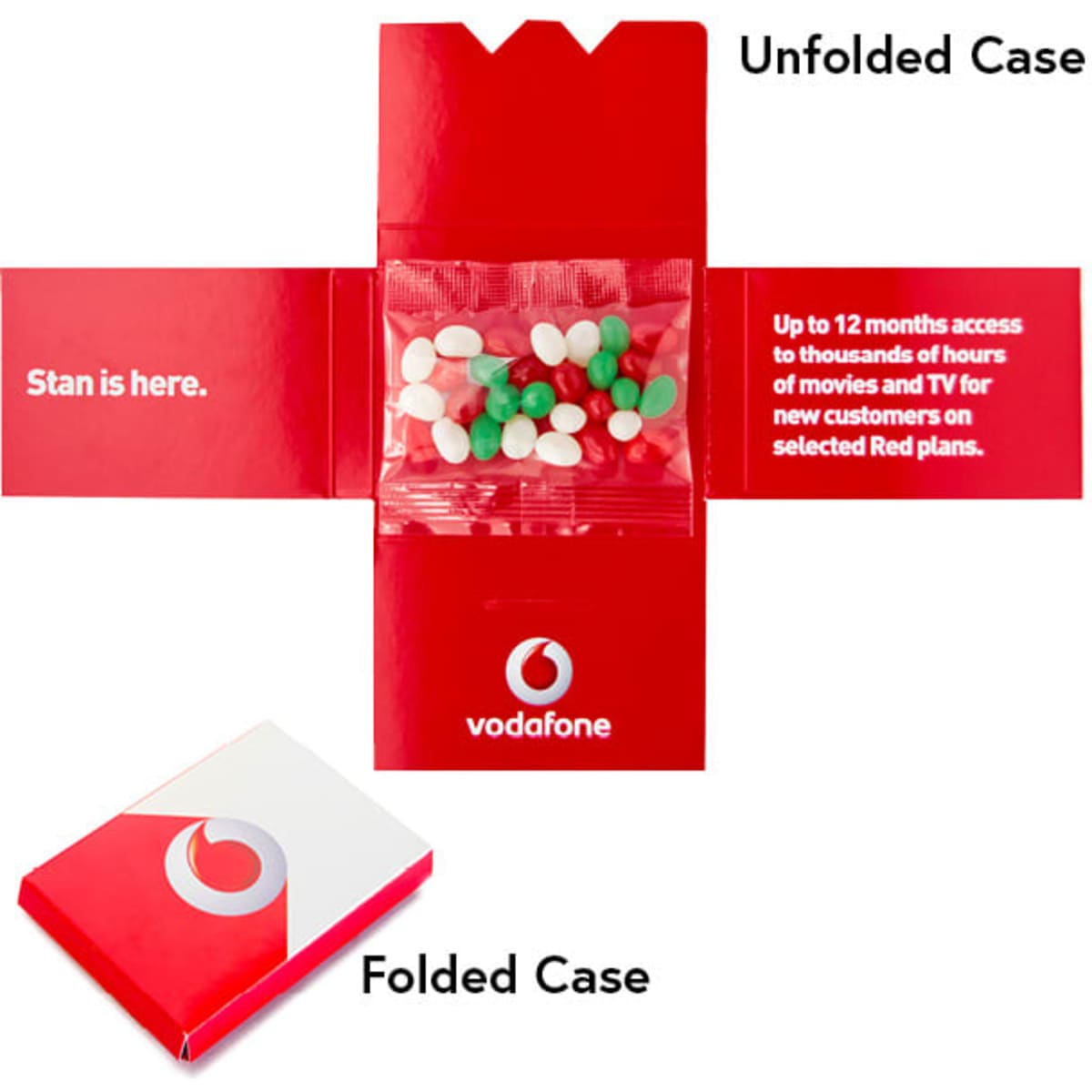 A promotional case displaying red and white colours, containing mini jelly beans in green and white. Features a logo.