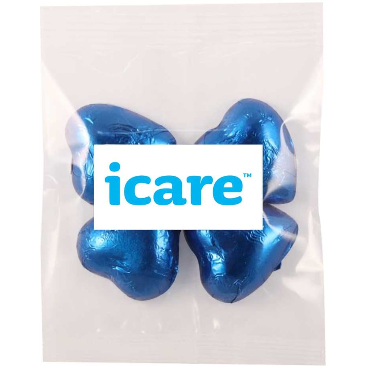 A clear pouch containing three star-shaped chocolates wrapped in shiny blue foil, with a logo visible on the packaging.