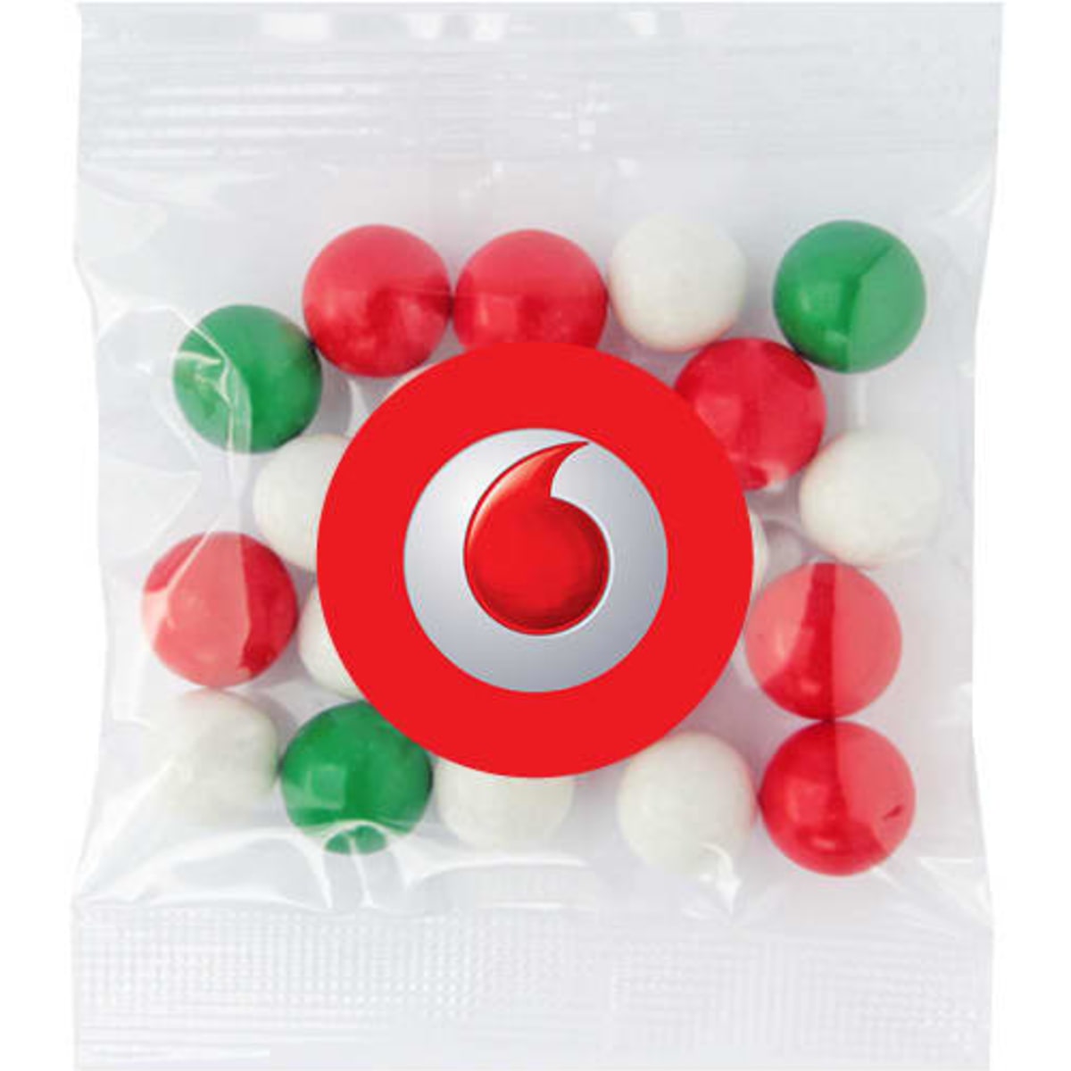 A sealed clear bag containing red, green, and white chocolate balls, with a logo on the packaging.