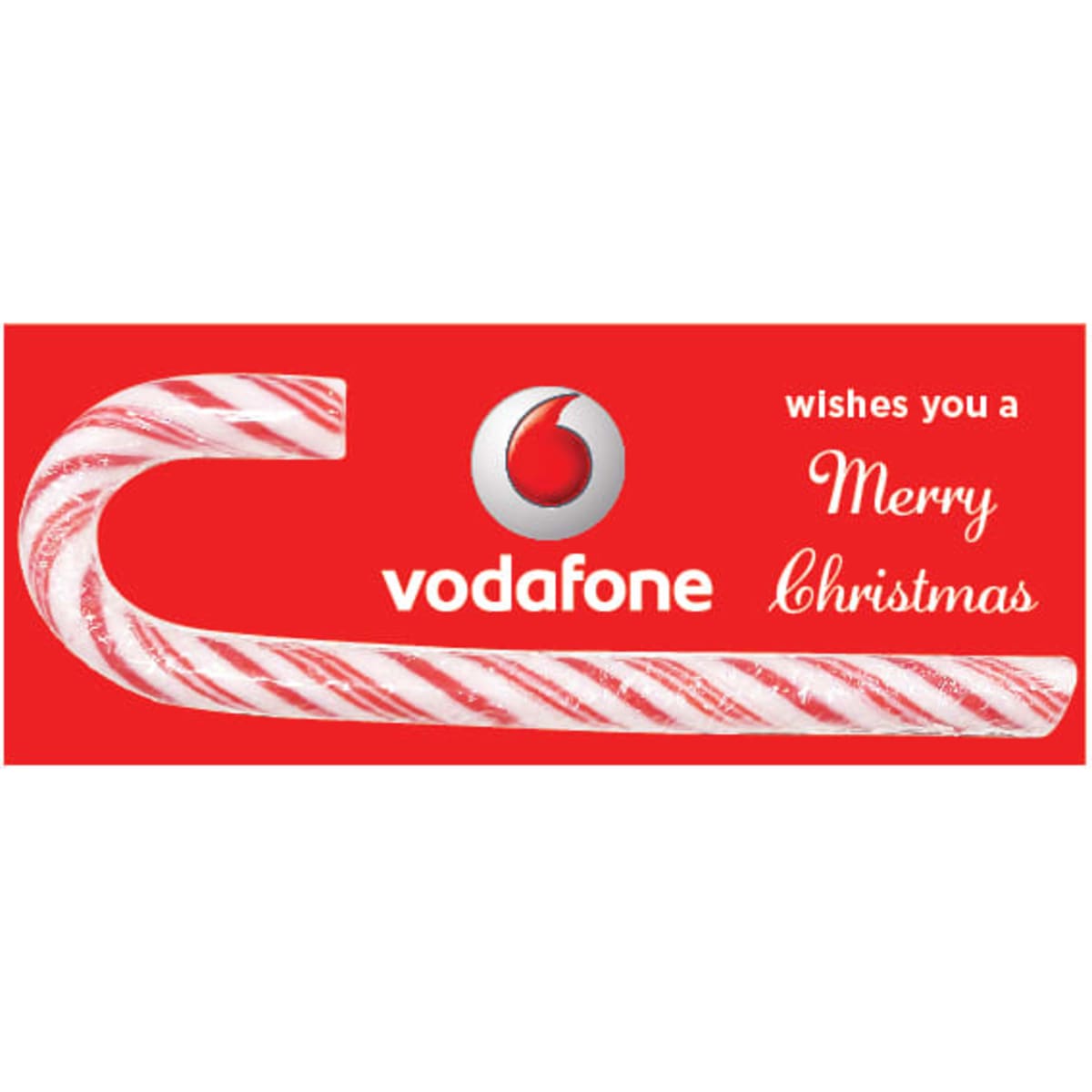 A red card featuring a white candy cane design, with a logo and festive greeting.