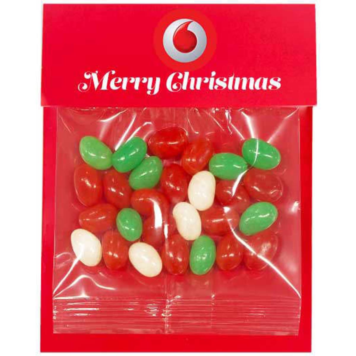 A festive red packaging containing assorted jelly beans in red, green, and white colours, featuring a logo.