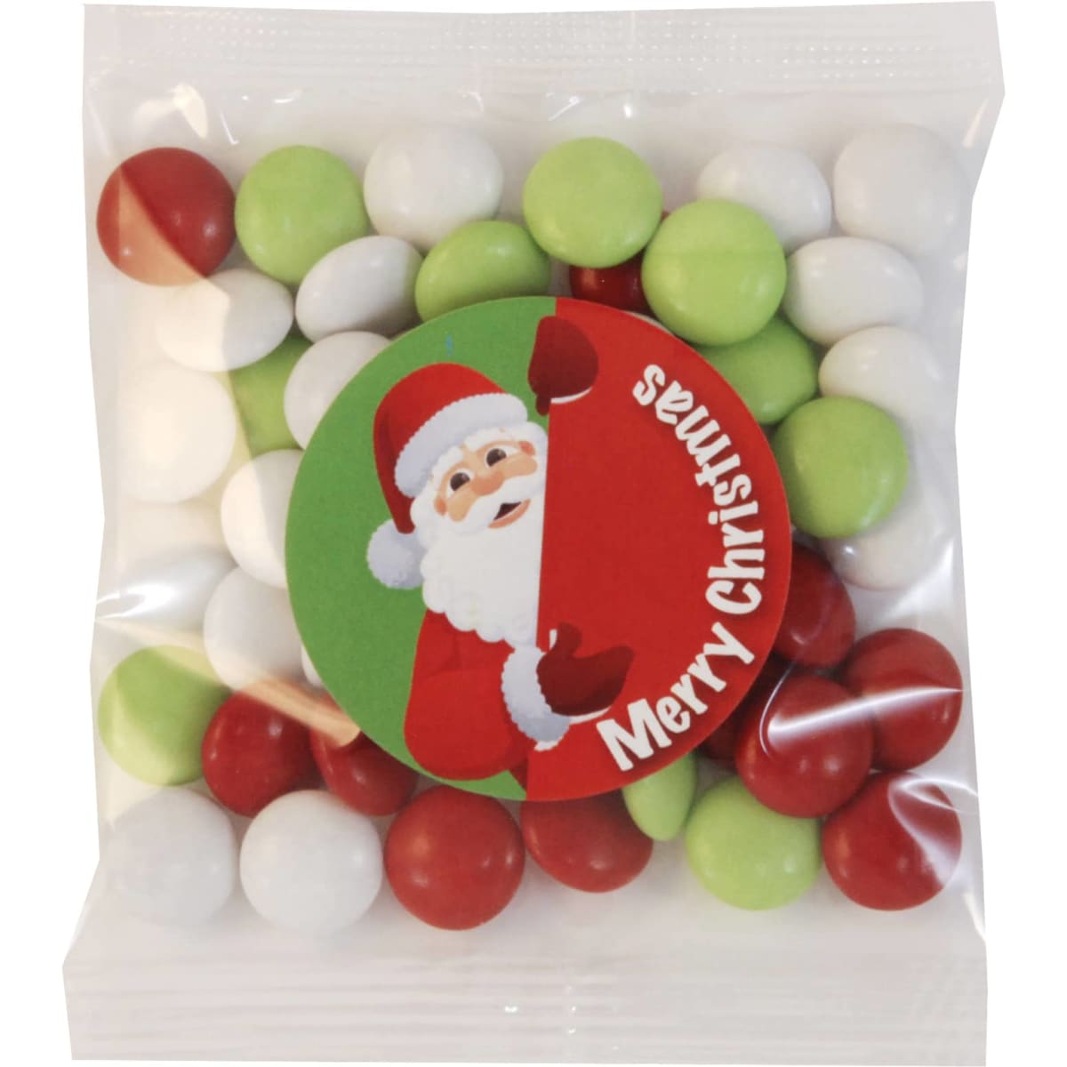 Christmas Choc Beans in a clear bag, featuring red, green, and white chocolate beans, with a festive label.