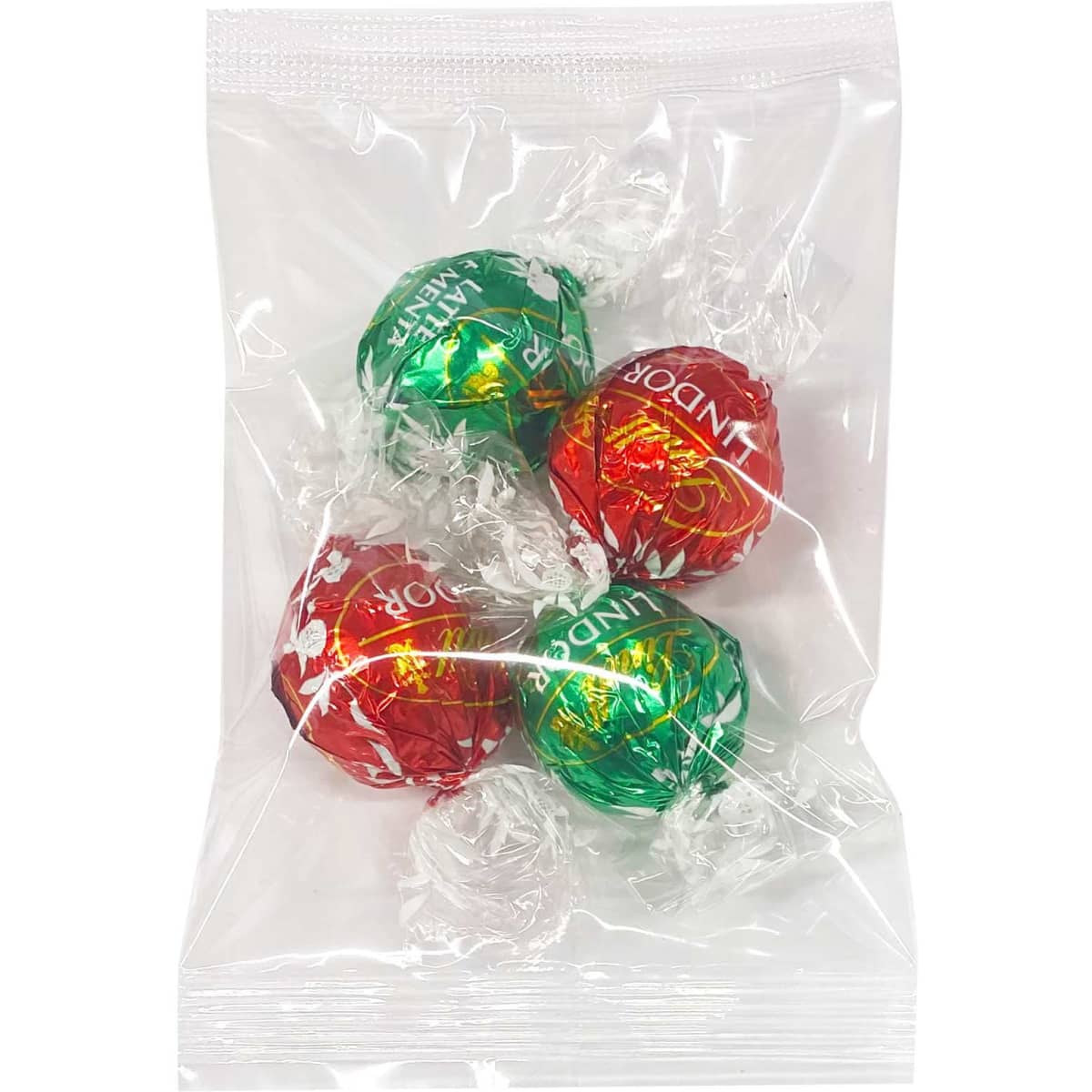 Four wrapped chocolate balls in red and green packaging, displayed in a clear, sealed bag with decorative paper.