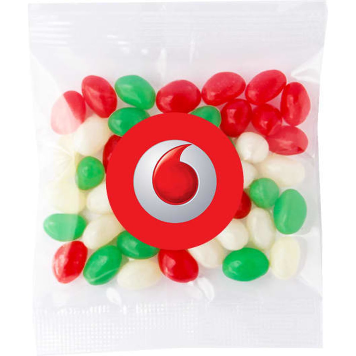 A clear bag contains red, green, and white jelly beans, with a logo printed on the front.