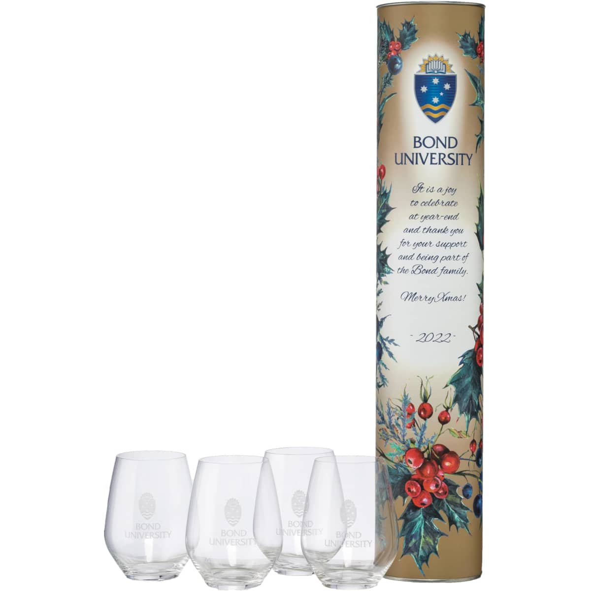 A gift set featuring four clear stemless glasses and a decorative cylinder packaging, showcasing holiday-themed designs.