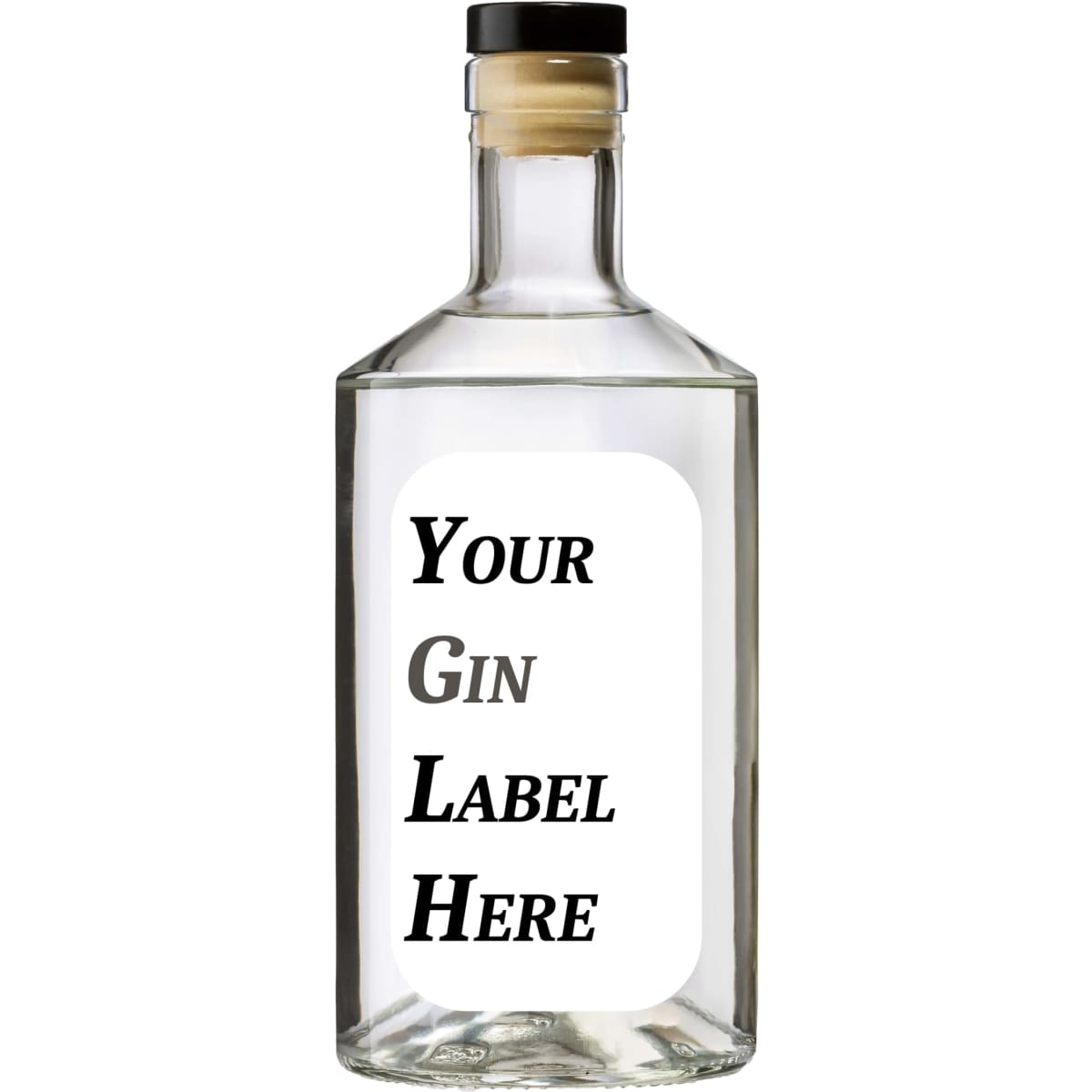 A drink bottle of clear gin with a cork stopper, featuring a blank label for custom branding.