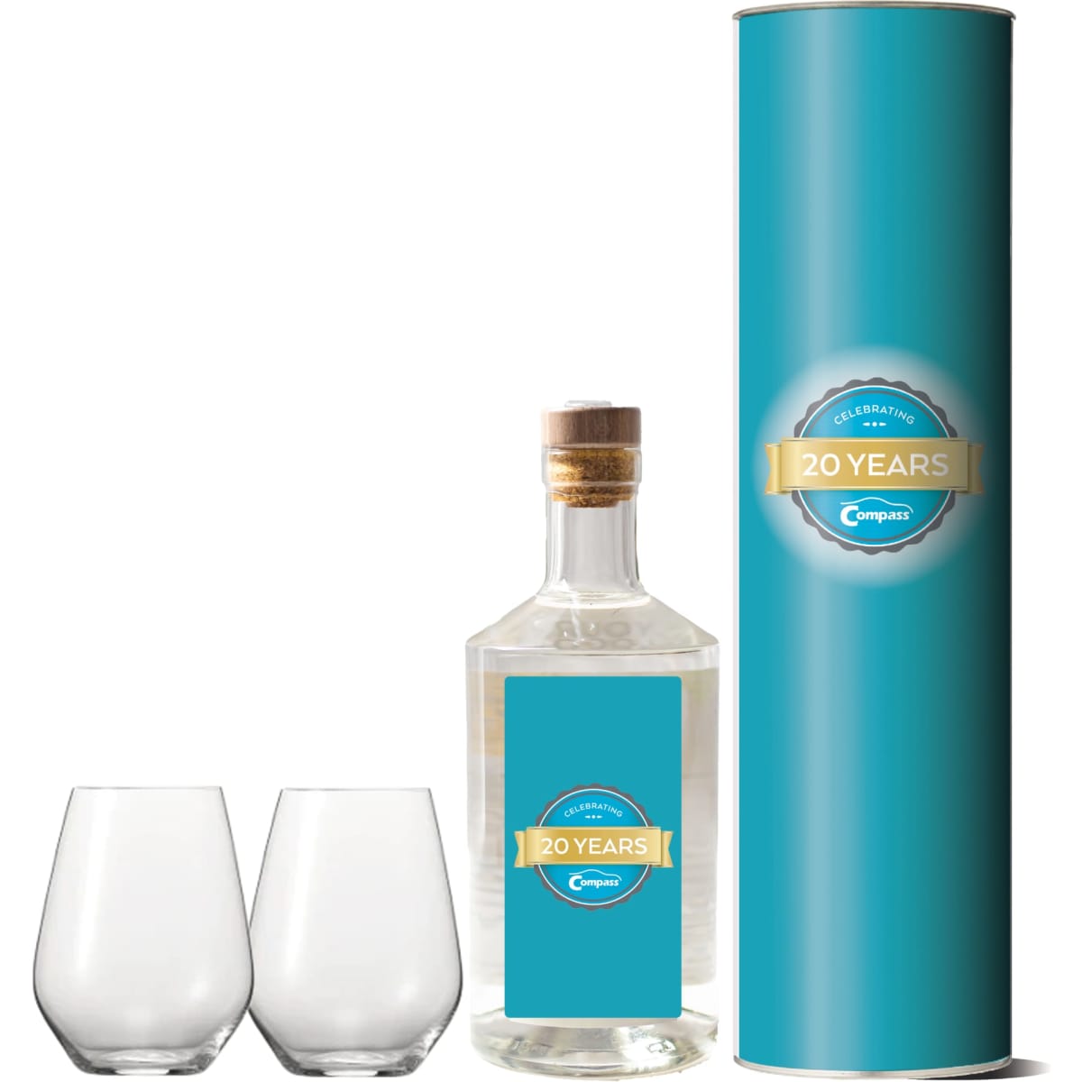 A drink bottle with a custom label in a teal cylinder and two clear stemless glasses.