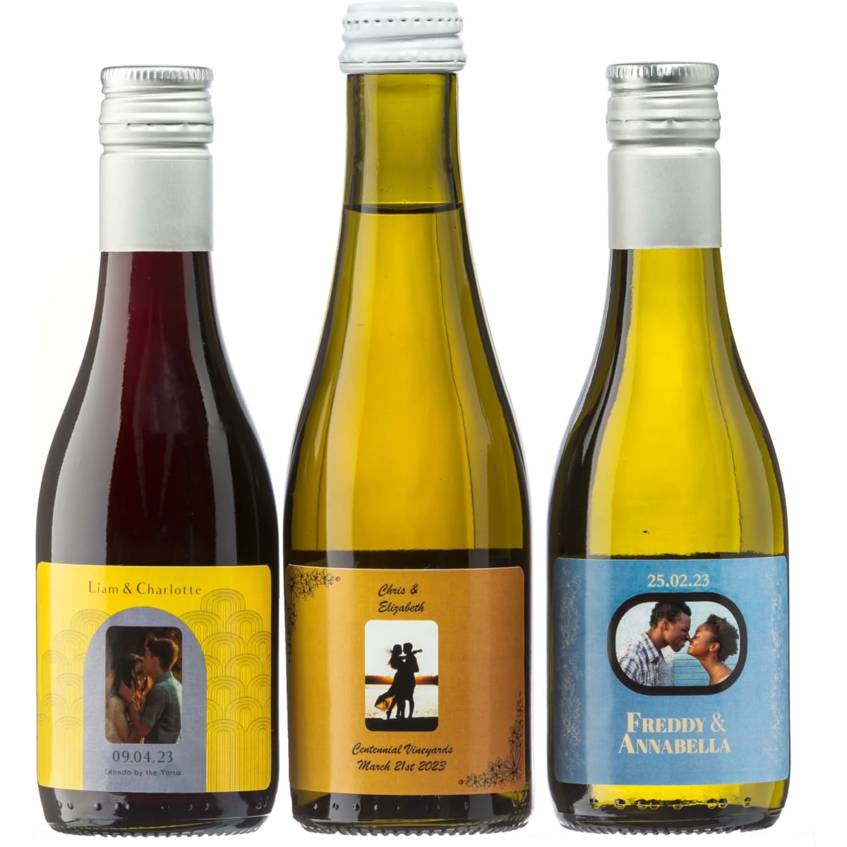 A trio of 200mL sparkling wine bottles, featuring a mix of red and white varieties, each with unique labels and branding.