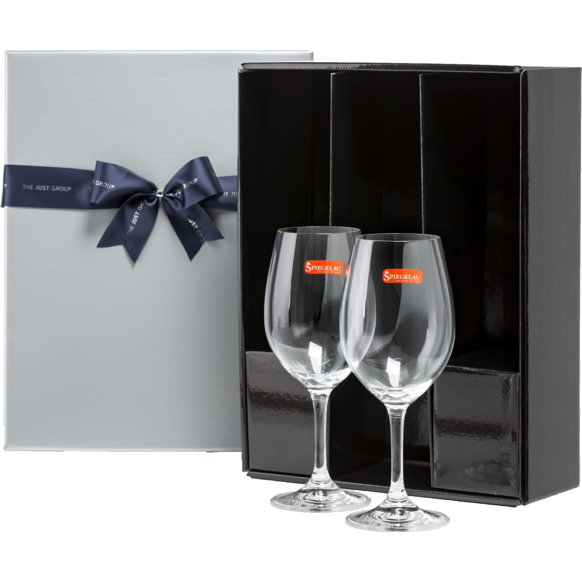A wine presentation pack featuring two elegant glass wine glasses, presented in a stylish black and silver box with a ribbon.