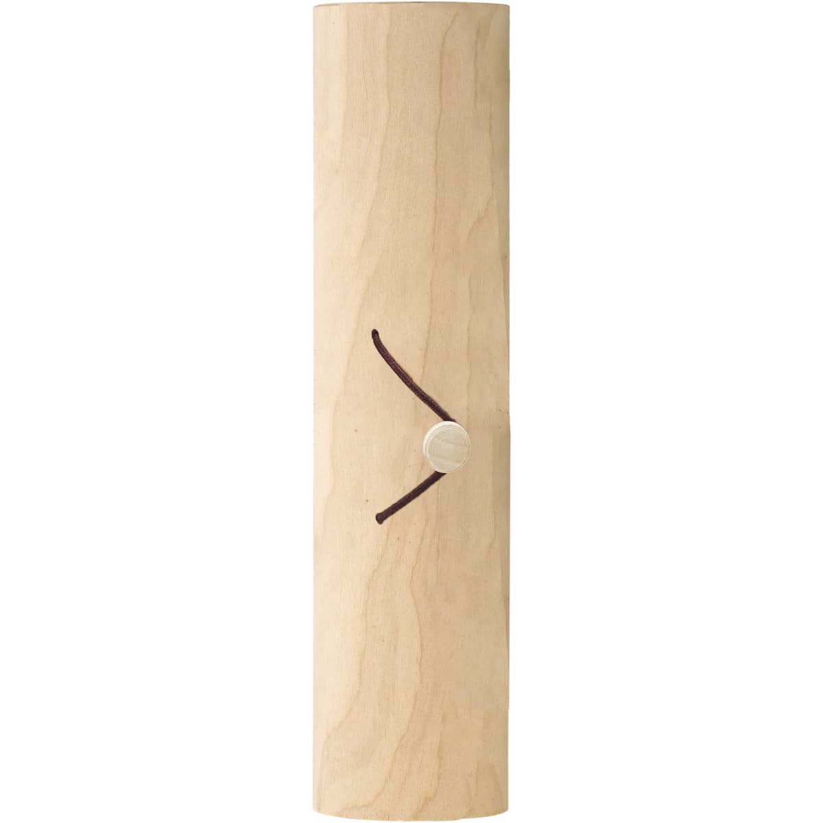 A cylindrical, light birch wood container with a brown leather strap and wooden toggle closure.