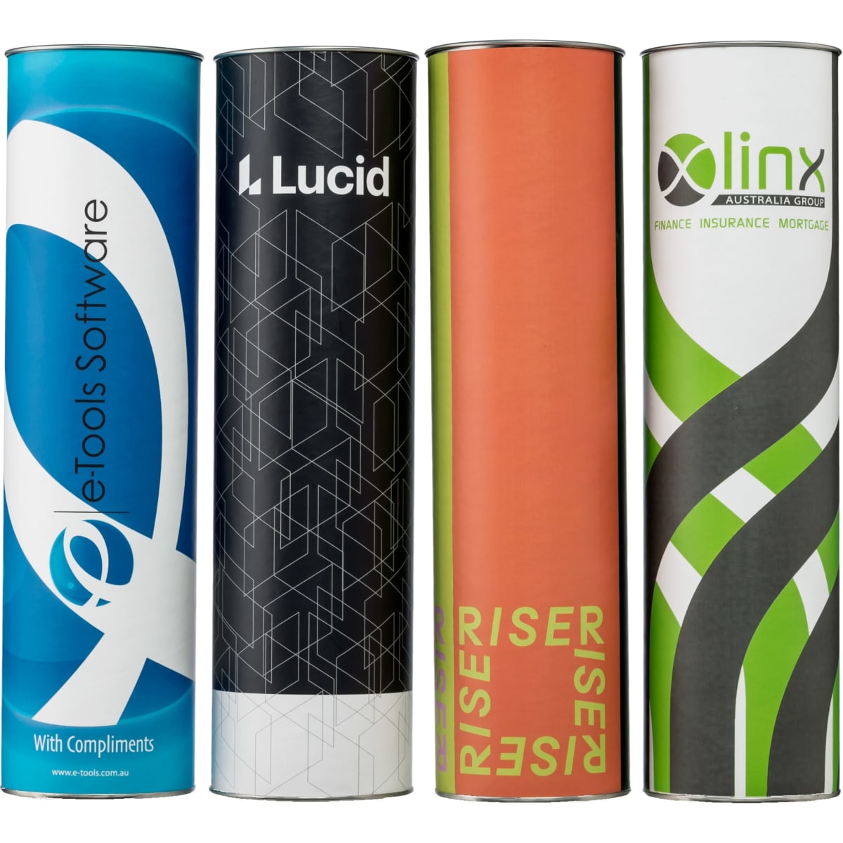 A set of four custom wine cylinders in various colours including blue, black, orange, and green, each featuring branding.