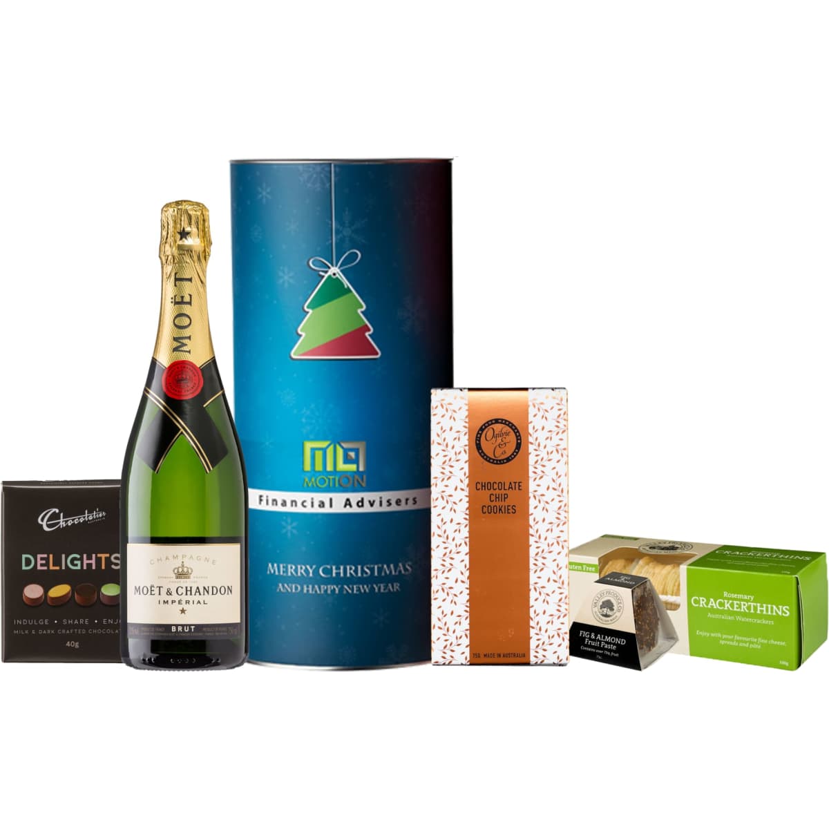 A drink bottle of Moët champagne with assorted gourmet treats, including chocolates and crackers in a festive tin.