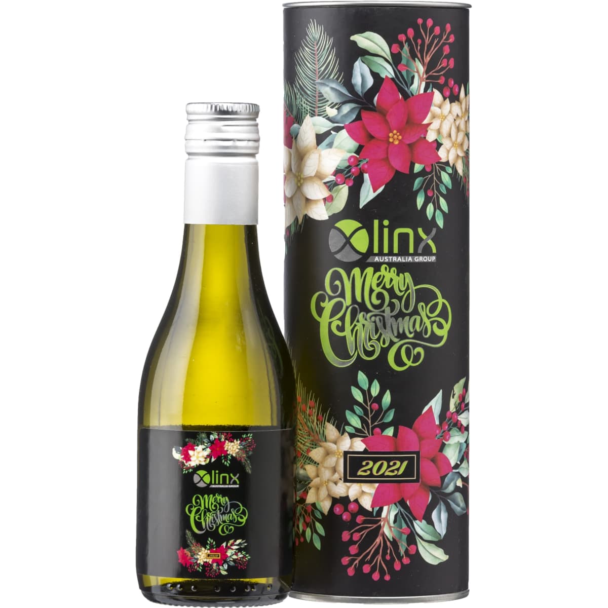 A drink bottle of wine in a green glass with a silver cap, featuring a floral-themed cylindrical container.