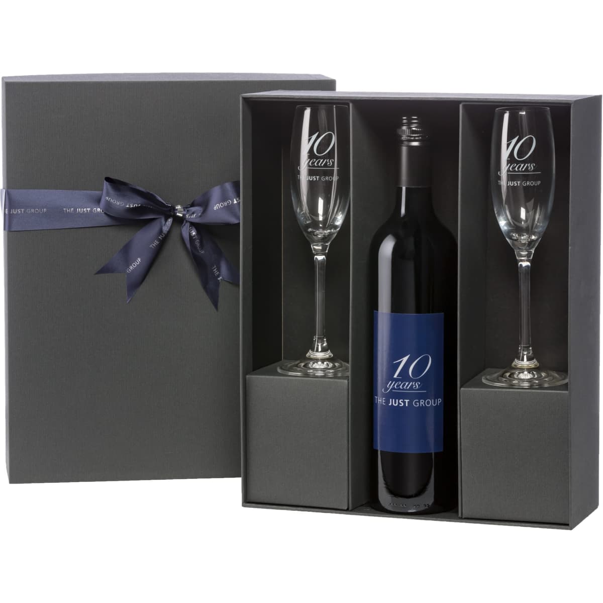 Custom labelled red wine bottle in a premium black gift box with two clear glasses. Features a branded logo.