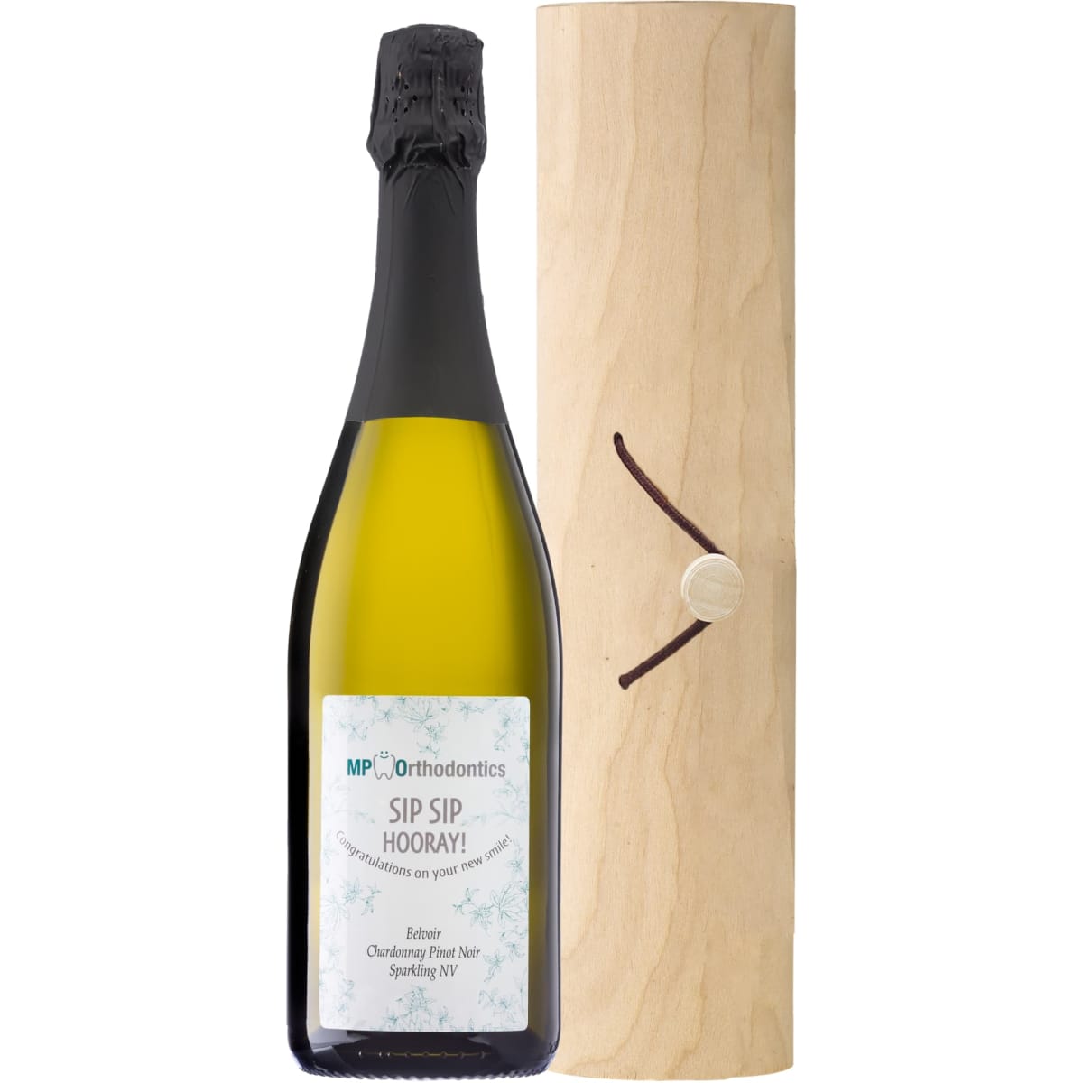 A drink bottle of sparkling wine in a birch cylinder, featuring a natural wood finish and a dark cap.