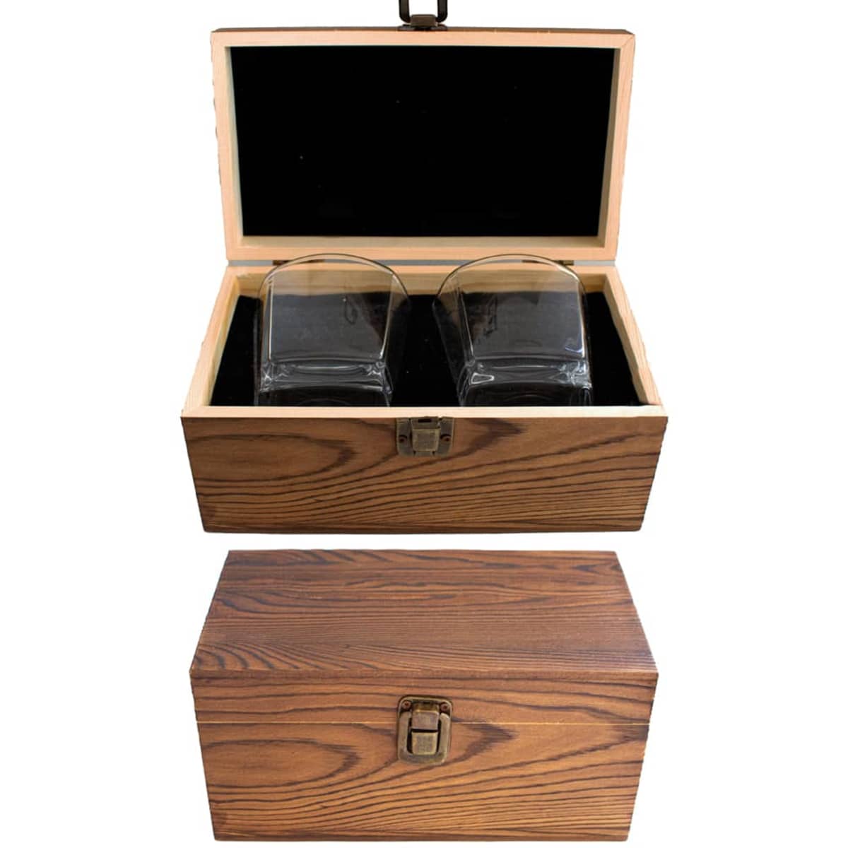 A timber box contains two clear whiskey glasses, beautifully set in black velvet. The box has a wooden finish.