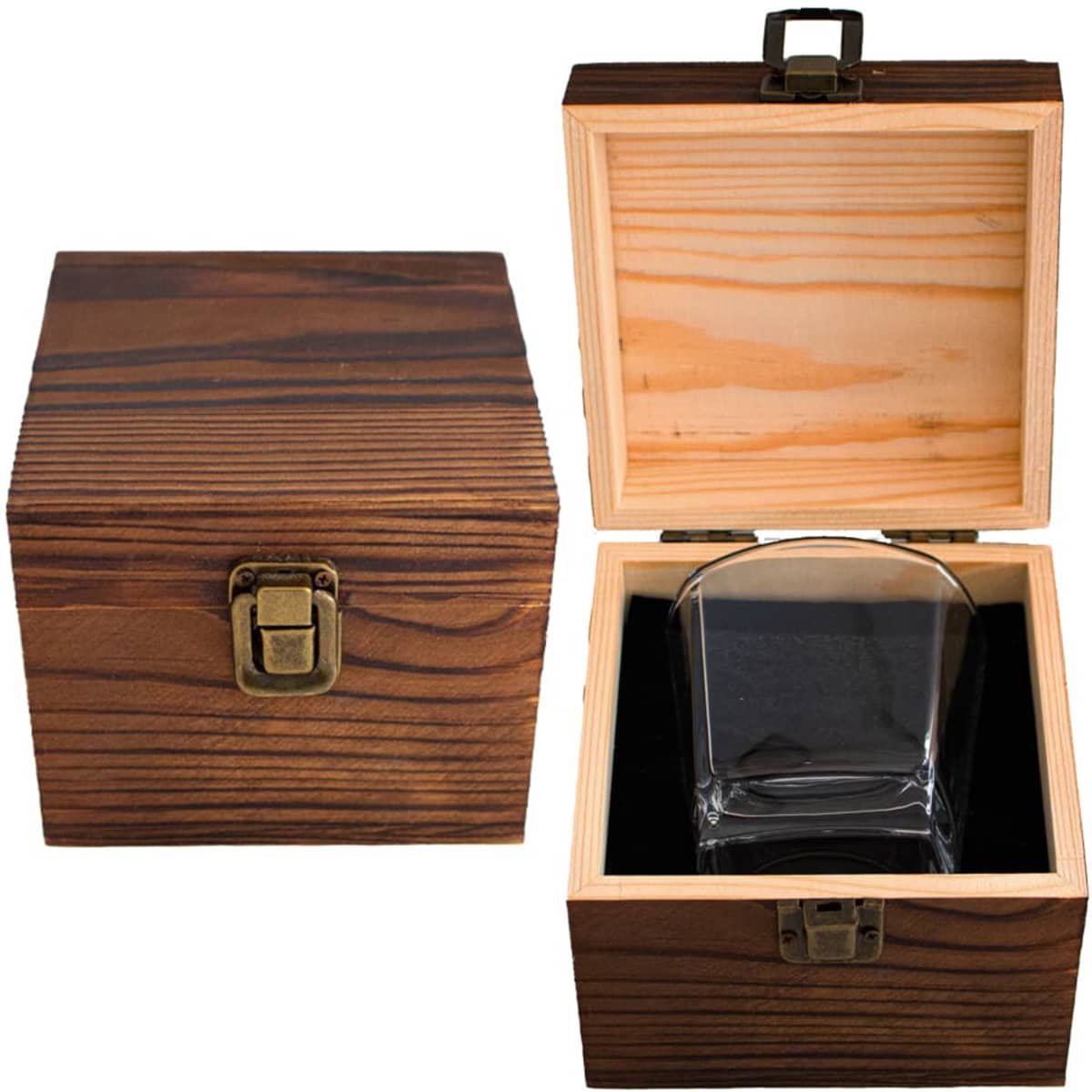 A single glass whiskey tumbler in a timber box with a hinged lid and clasp. The box has a rich brown finish.