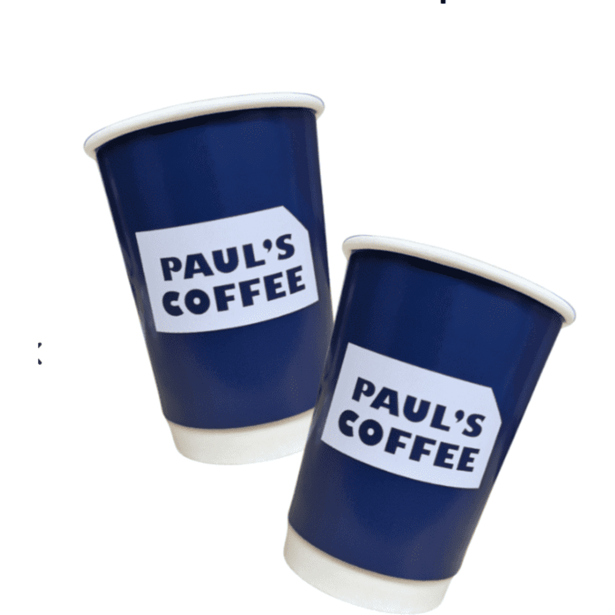 A pair of navy blue, home compostable cups with branded logos on a white background.