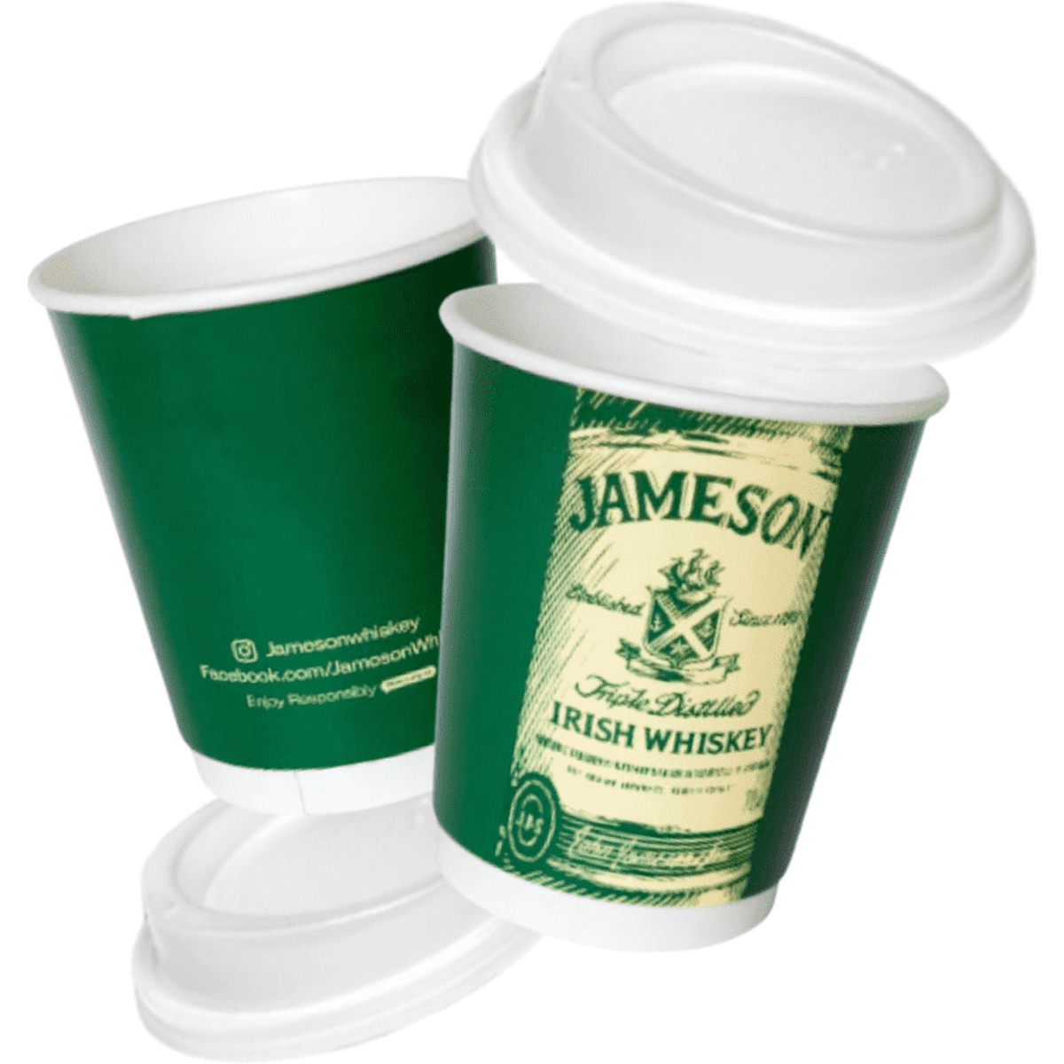 Green double-walled insulated cups with white lids, featuring a logo, suitable for customised branding.