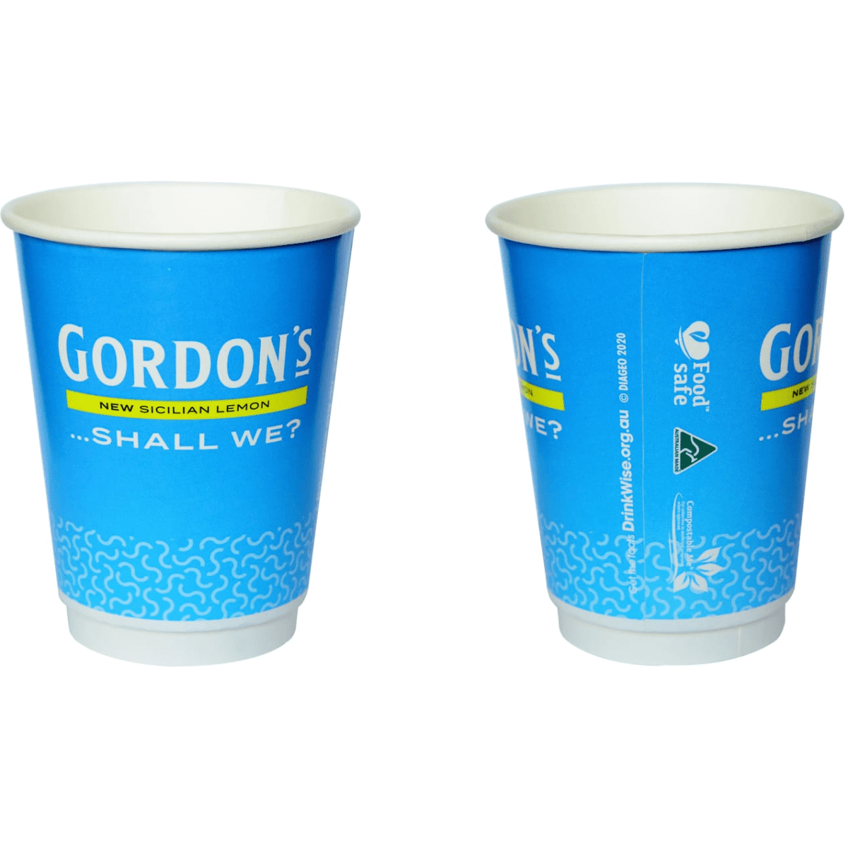 Two blue compostable cups featuring a logo and design, suitable for beverage use.