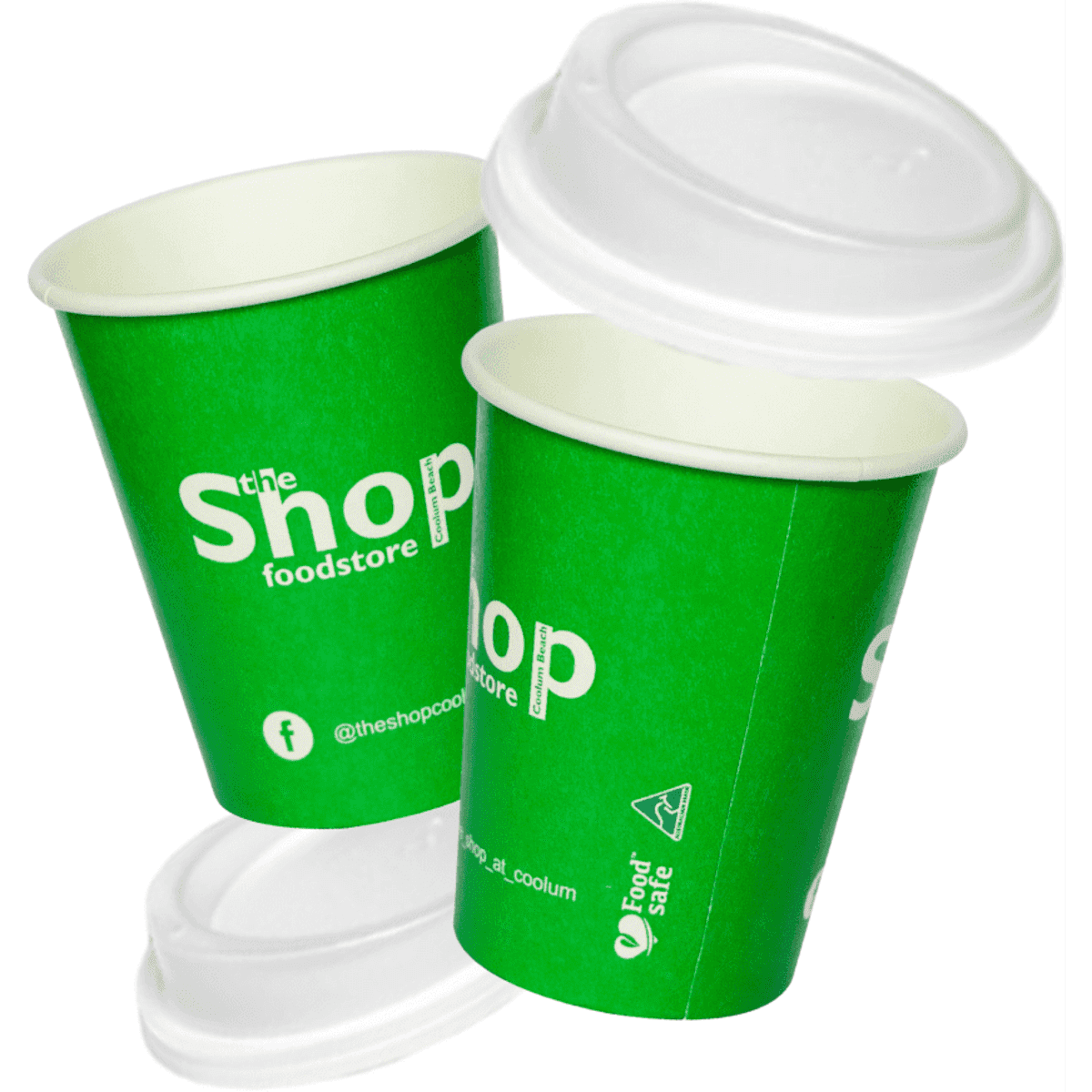 Two green 12oz recyclable cups with white lids and branding, displayed at an angle.