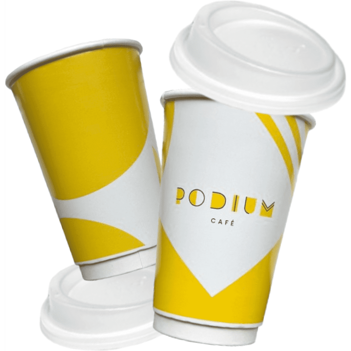 A set of yellow and white compostable cups with white lids, featuring a logo.