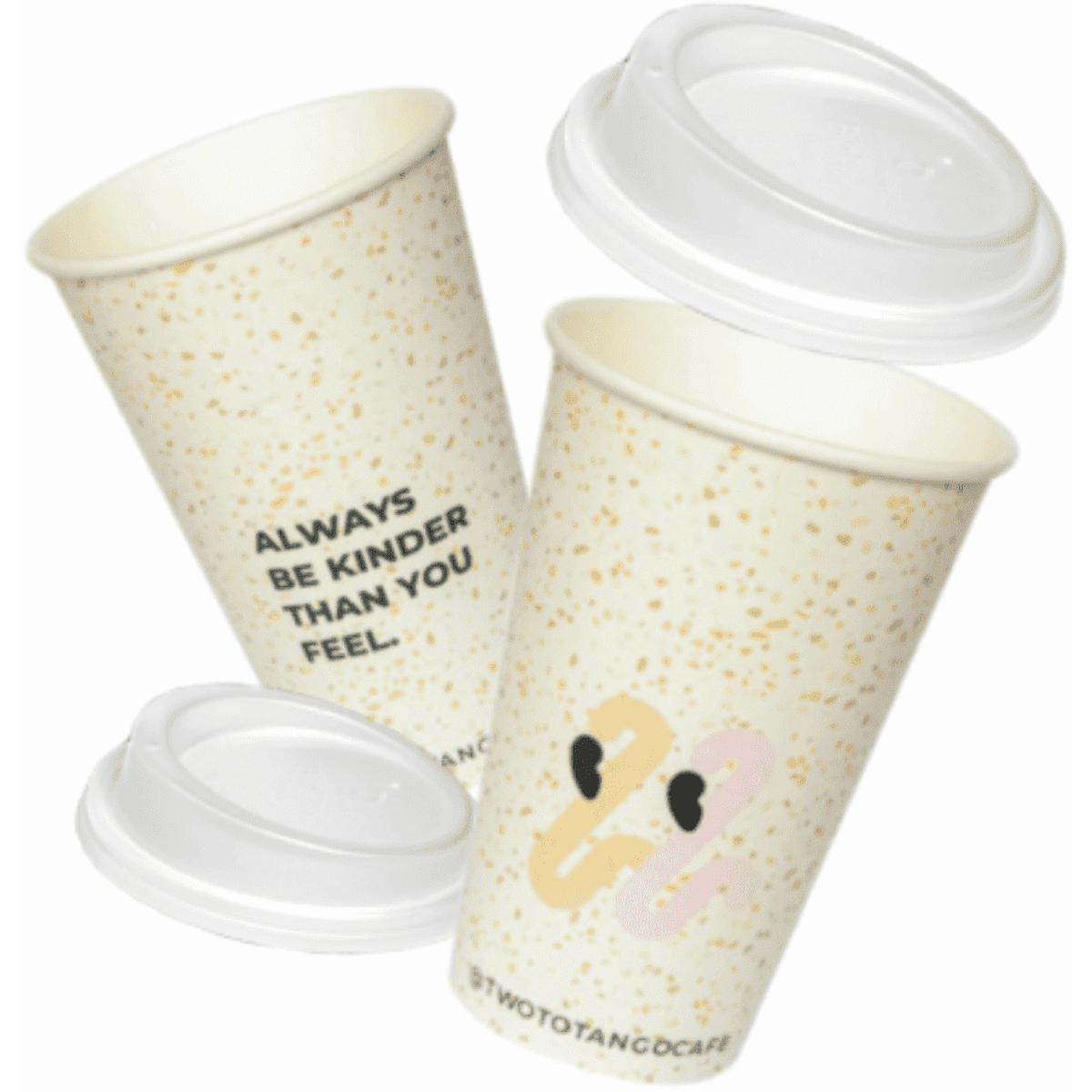 A set of recyclable 16oz cream cups with a speckled design and white lids, featuring a logo.