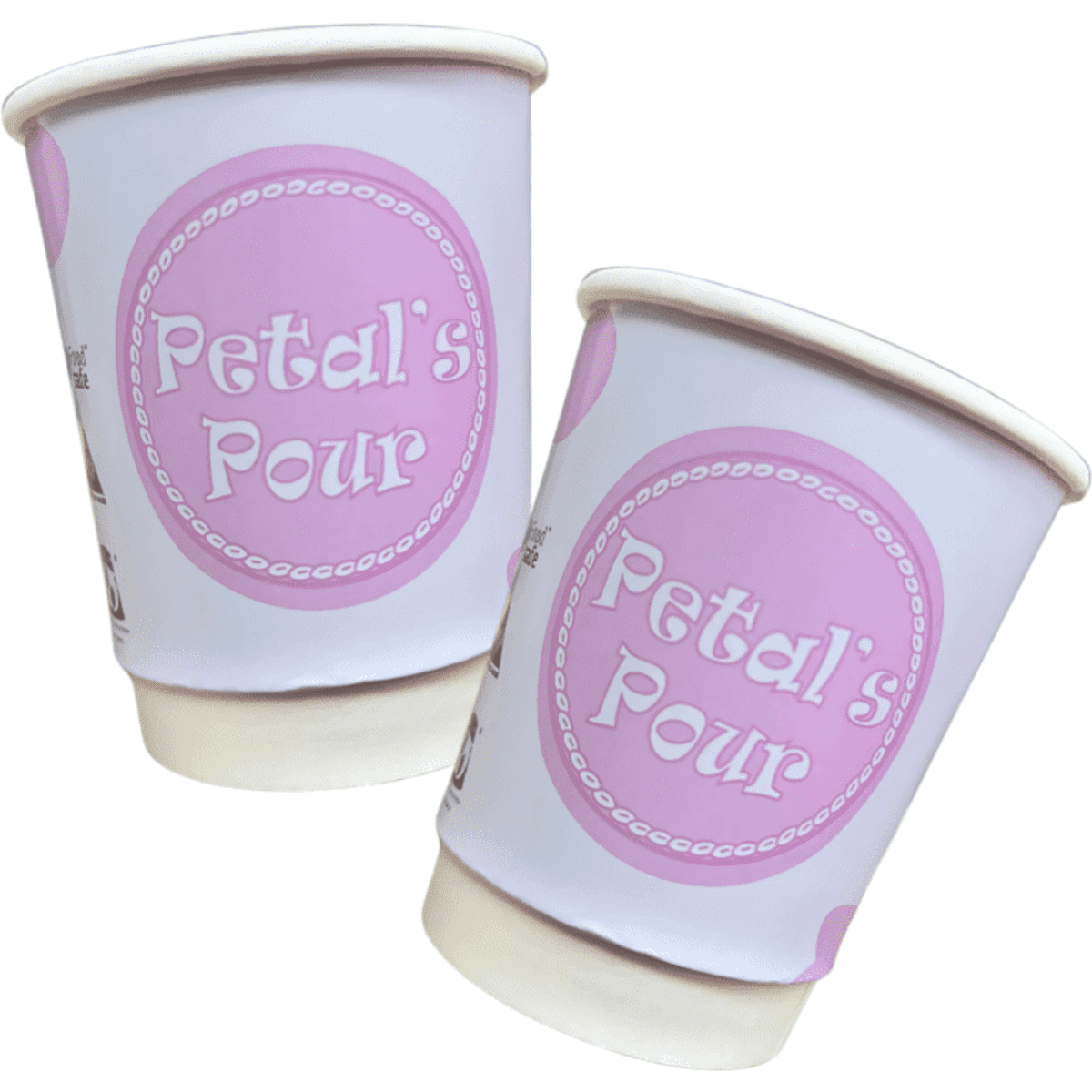 A pair of 8oz home compostable cups in white with a pink logo, featuring a decorative design.