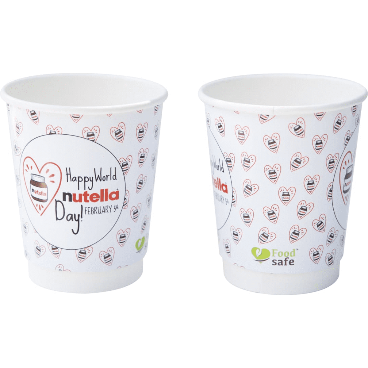 A cup featuring a white design with hearts and branding, suitable for beverages. It has a logo and is food safe.
