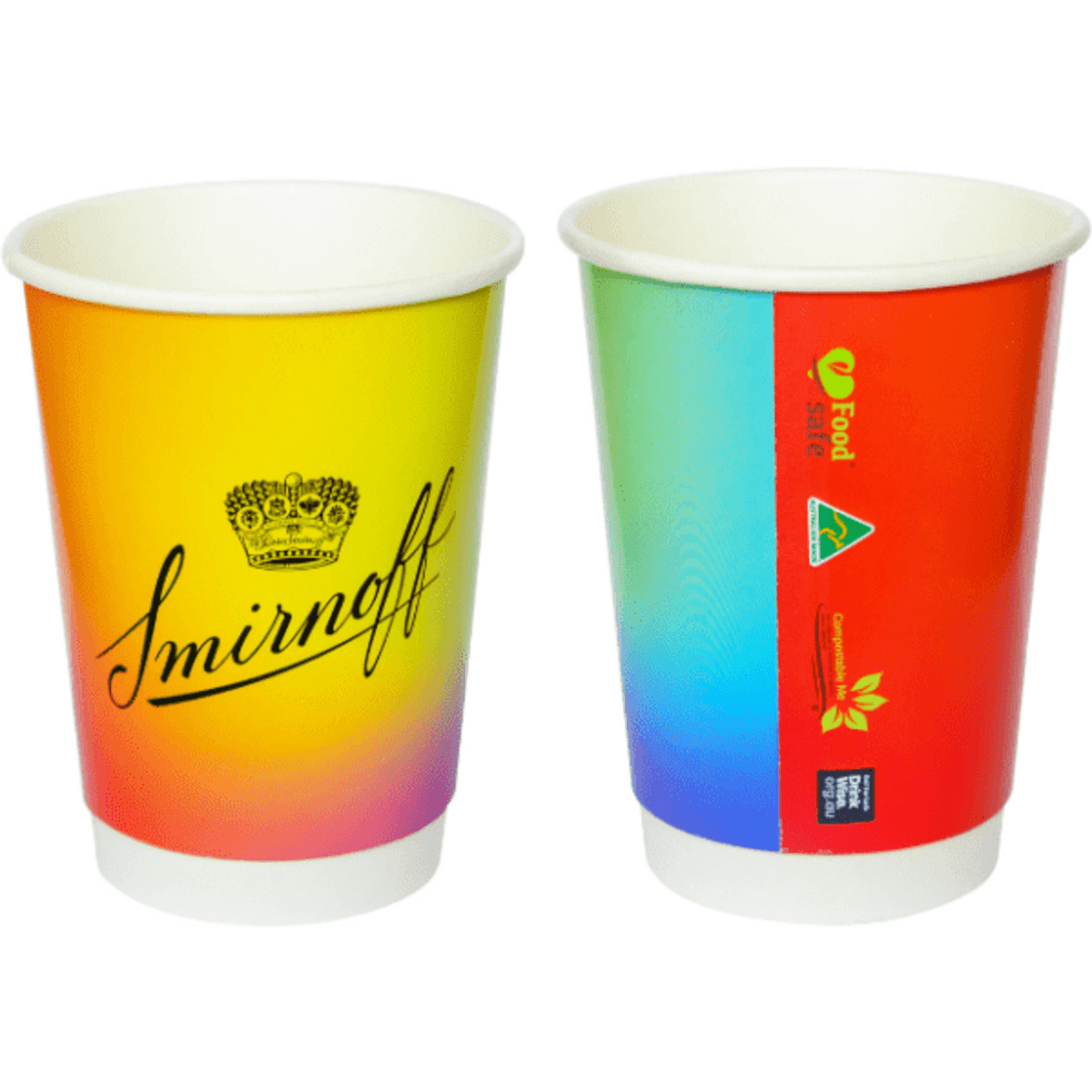 A double wall cup in vibrant gradient colours, featuring a logo, designed for customised branding.