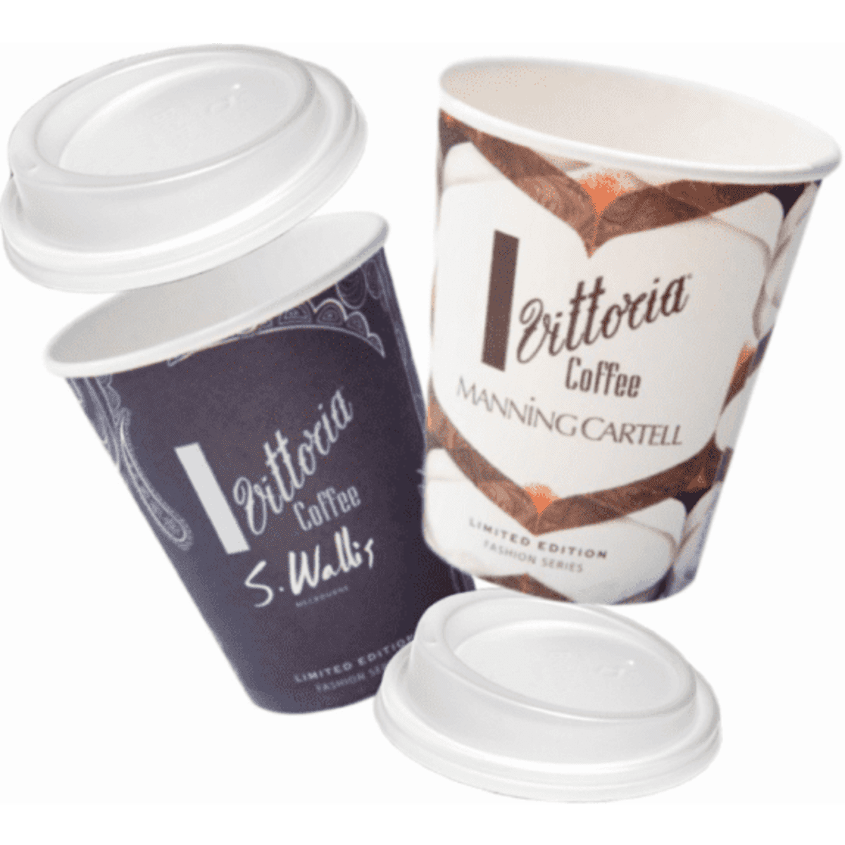 Two 8oz premium single wall recyclable cups in black and white with lids, featuring various logos and designs.