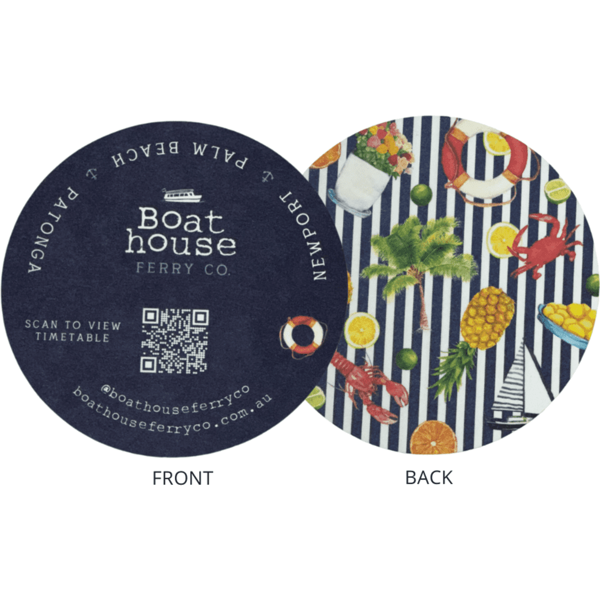 A round, branded cardboard drink coaster featuring a striped design and various illustrations on one side.