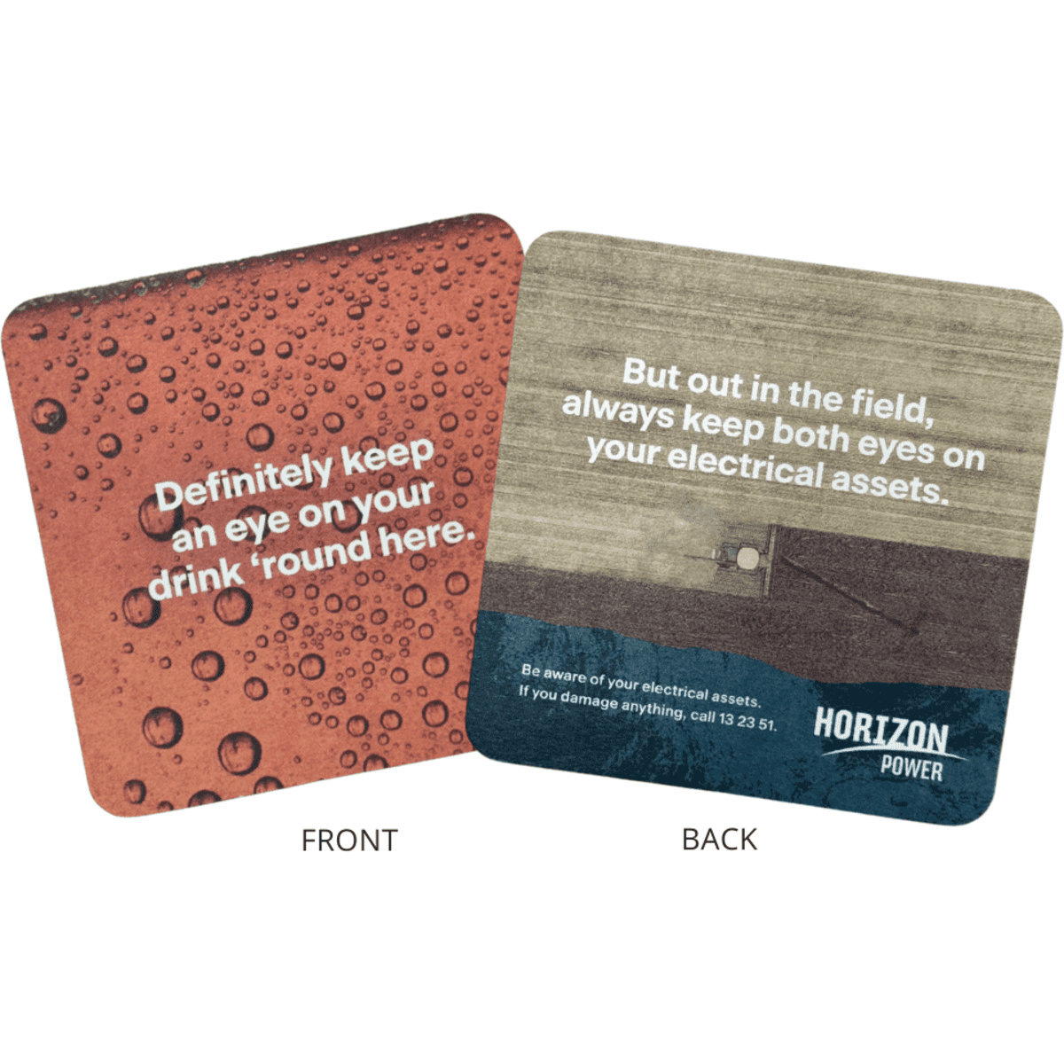 Rounded square cardboard drink coasters with a red textured front featuring drops and a wood-patterned back, both with branding.