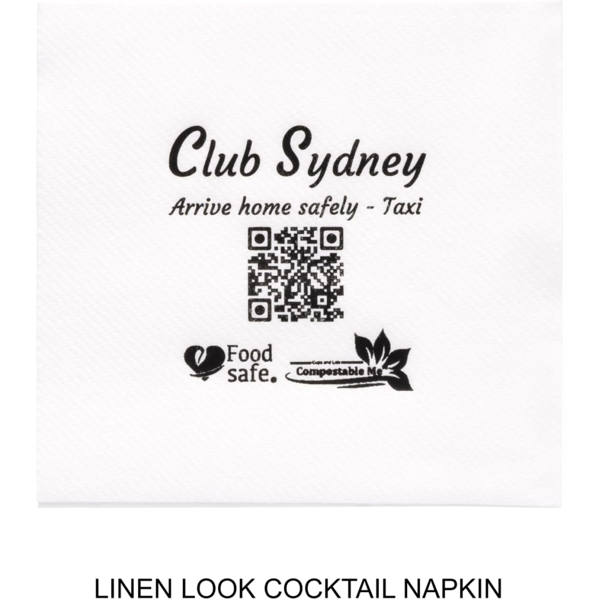 A white linen-look cocktail napkin featuring a logo and a QR code. Suitable for home or event use.